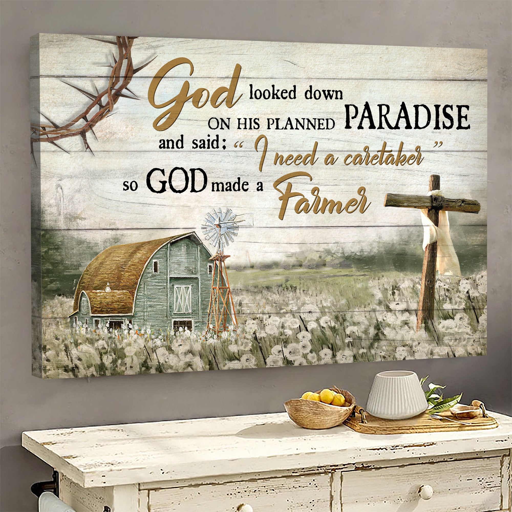 Tranquil farm, Old barn painting, Flower field, Wooden Cross, God need a caretaker so he made a Farmer - Jesus Landscape Canvas Prints, Wall Art