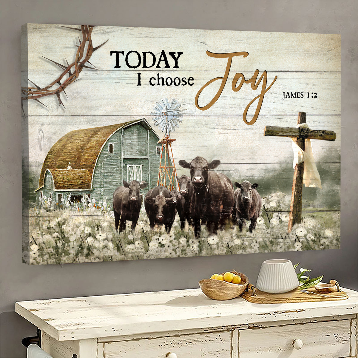 Tranquil farm, Aberdeen Angus, Flower field, Wooden Cross, Today I choose joy - Jesus Landscape Canvas Prints, Wall Art