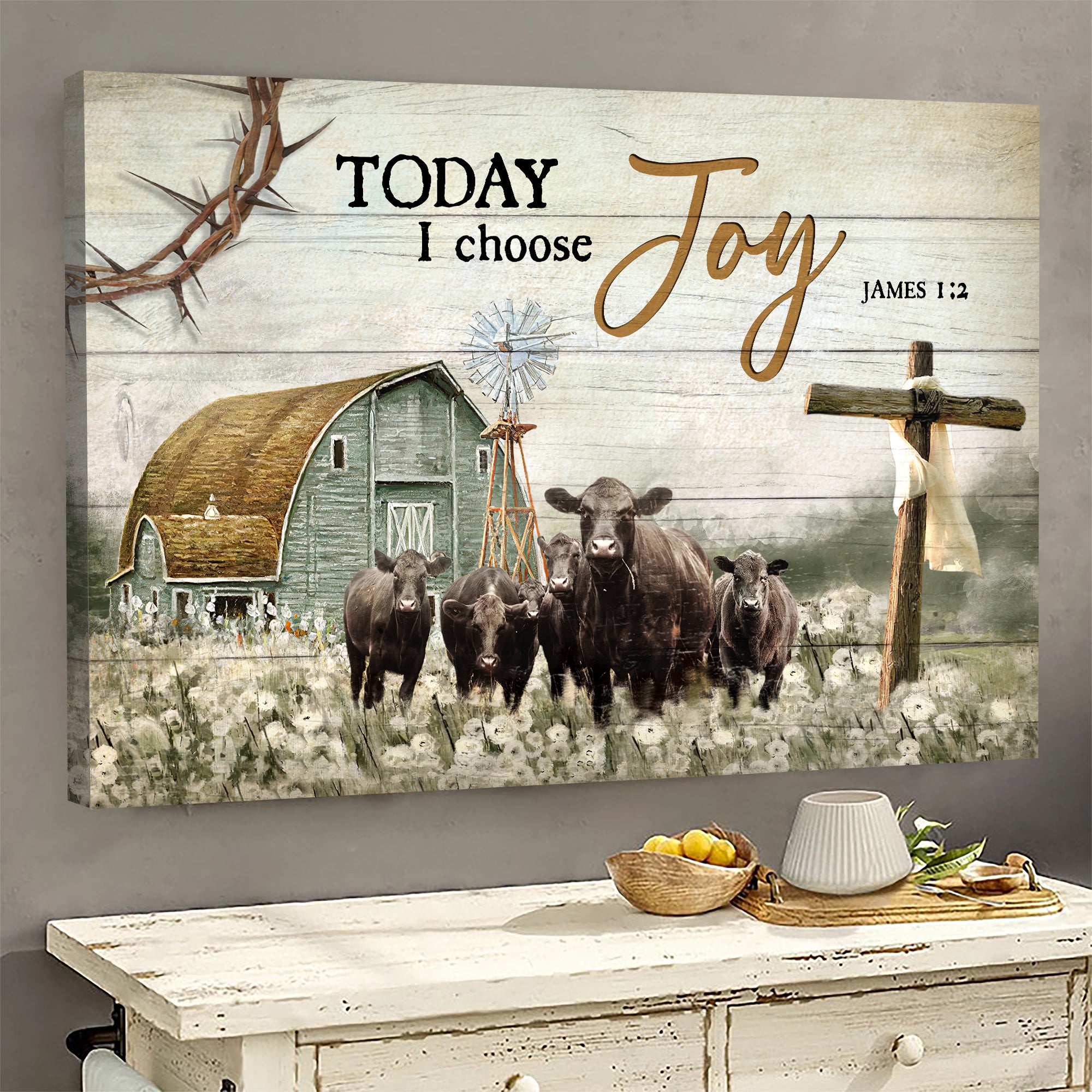 Tranquil farm, Aberdeen Angus, Flower field, Wooden Cross, Today I choose joy - Jesus Landscape Canvas Prints, Wall Art