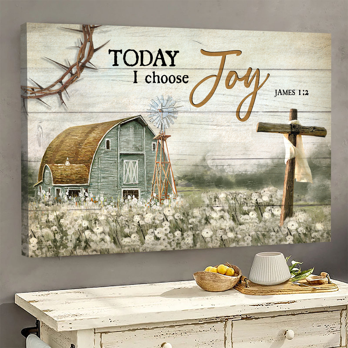 Tranquil farm, Flower field, Wooden Cross, Today I choose joy - Jesus Landscape Canvas Prints, Wall Art