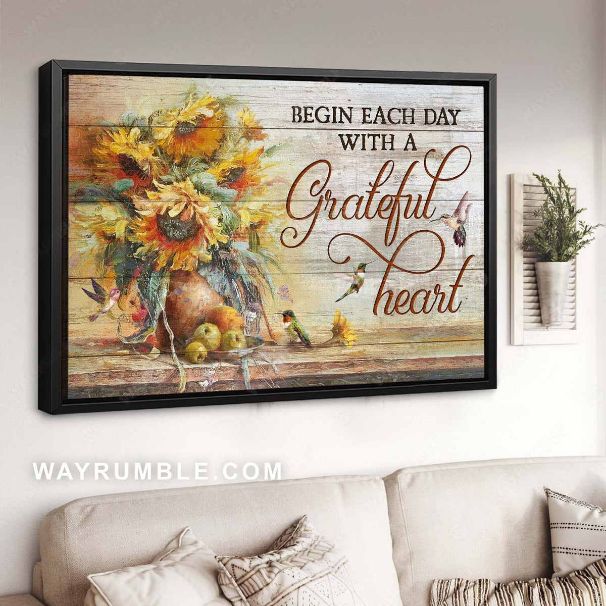 Sunflower vase, Hummingbird drawing, Begin each day with a grateful heart - Jesus Landscape Canvas Prints, Home Decor Wall Art