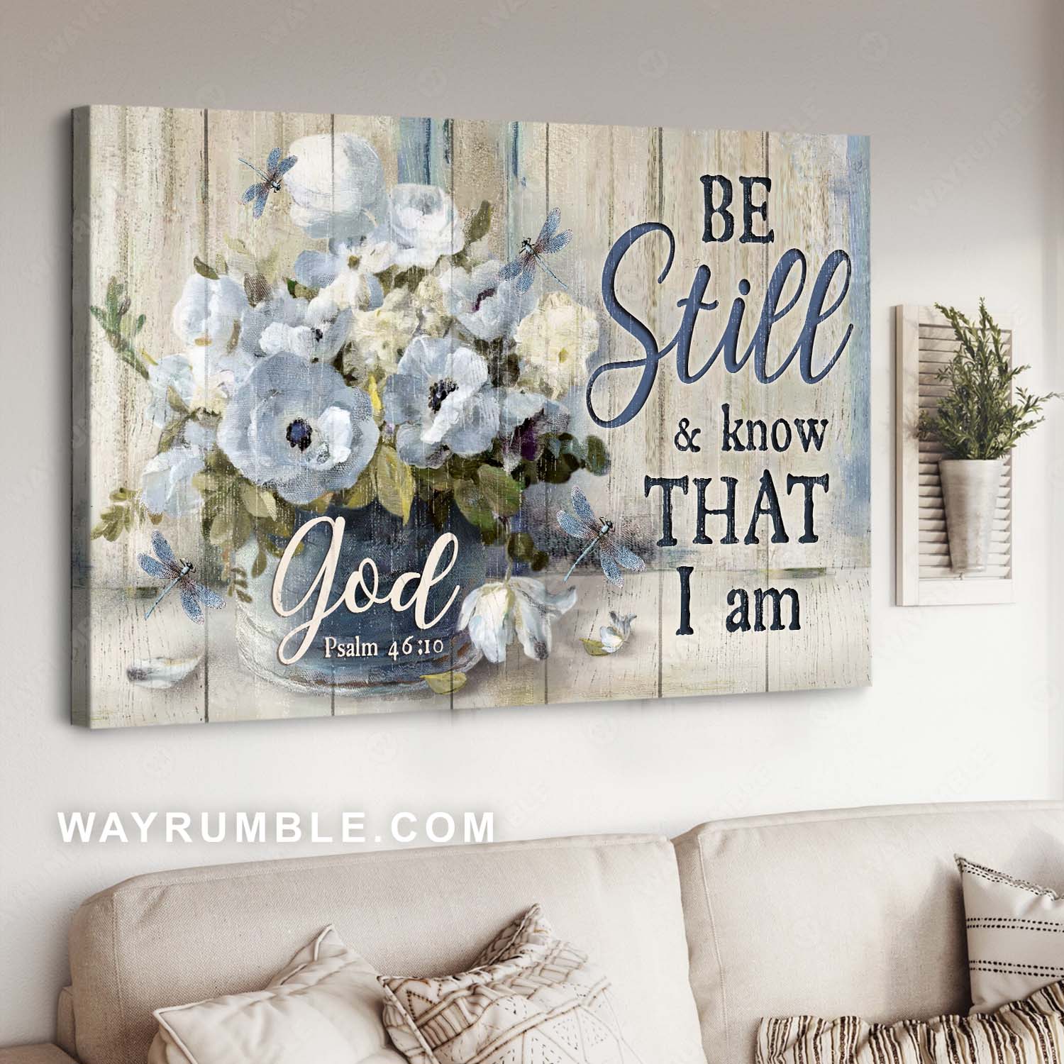 Dragonfly drawing, White flower vase, Vintage art, Be still & know that I am God - Jesus Landscape Canvas Prints, Home Decor Wall Art