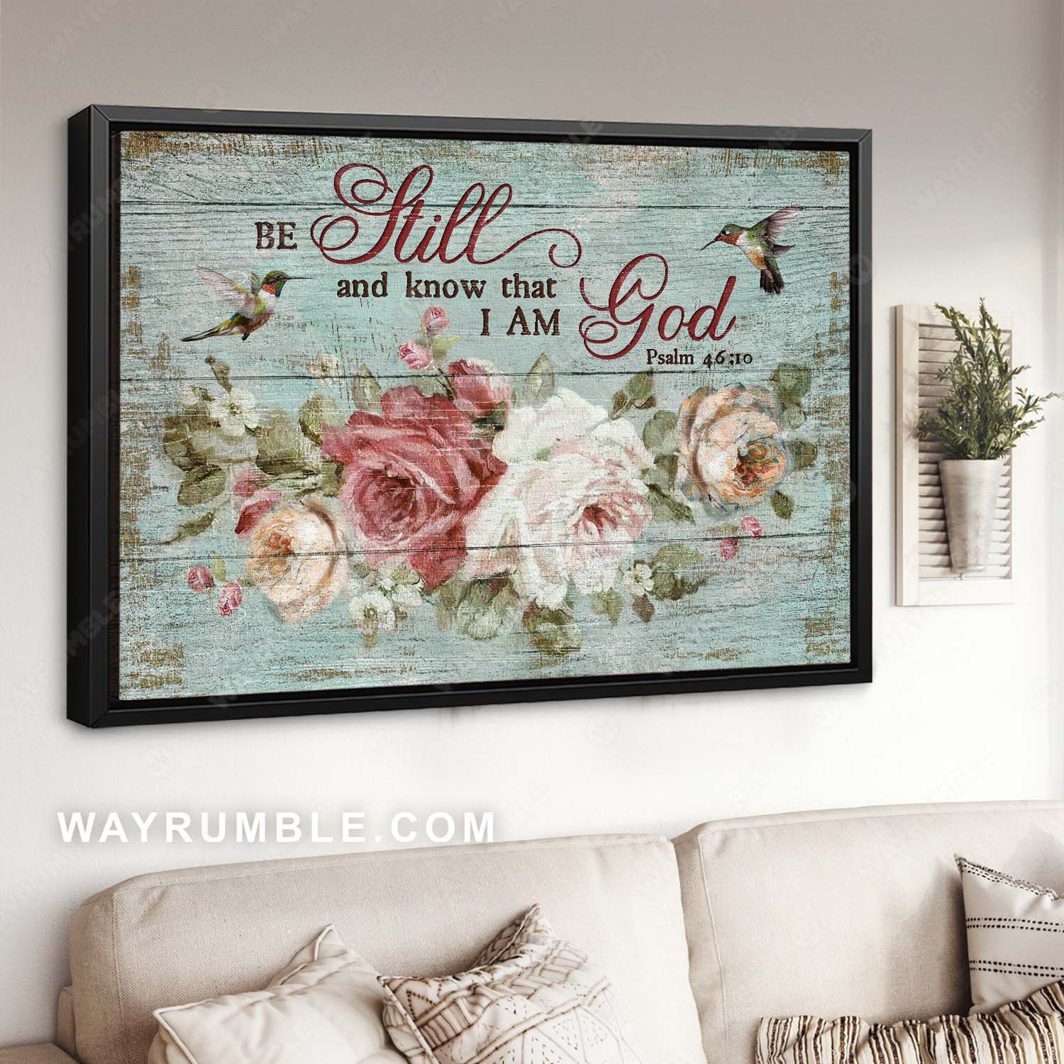 Gorgeous flower, Hummingbird, Vintage art, Be still and know that I am God - Jesus Landscape Canvas Prints, Home Decor Wall Art