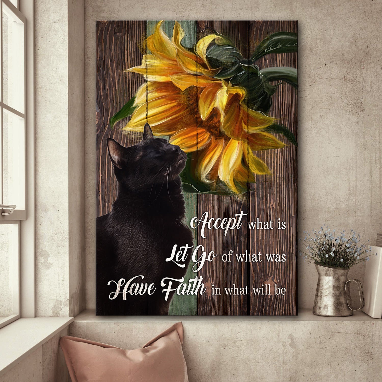 Black cat, Sunflower, Accept what is, have faith in what will be - Black cat Portrait Canvas Prints, Wall Art