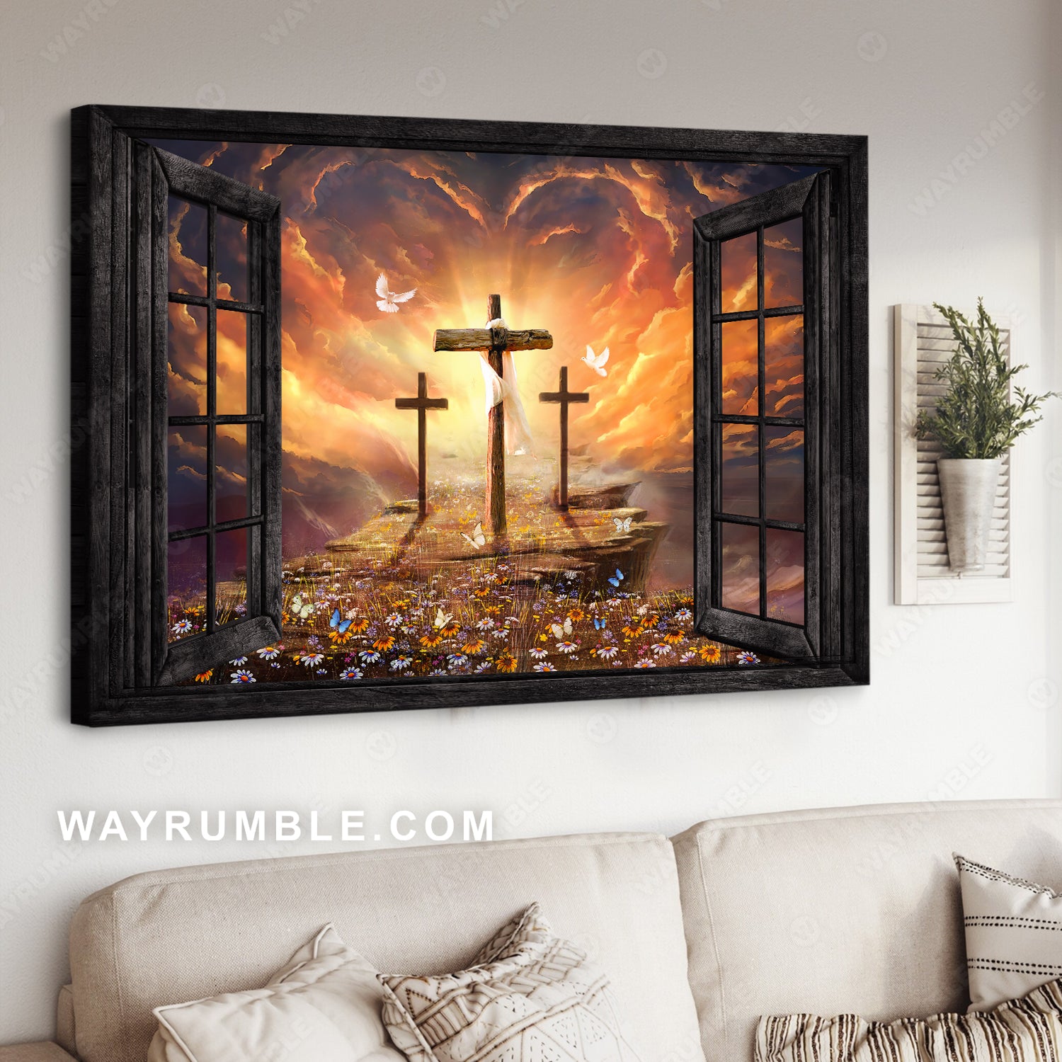 Black window frame, Sunset painting, The three crosses - Jesus Landscape Canvas Prints, Christian Wall Art