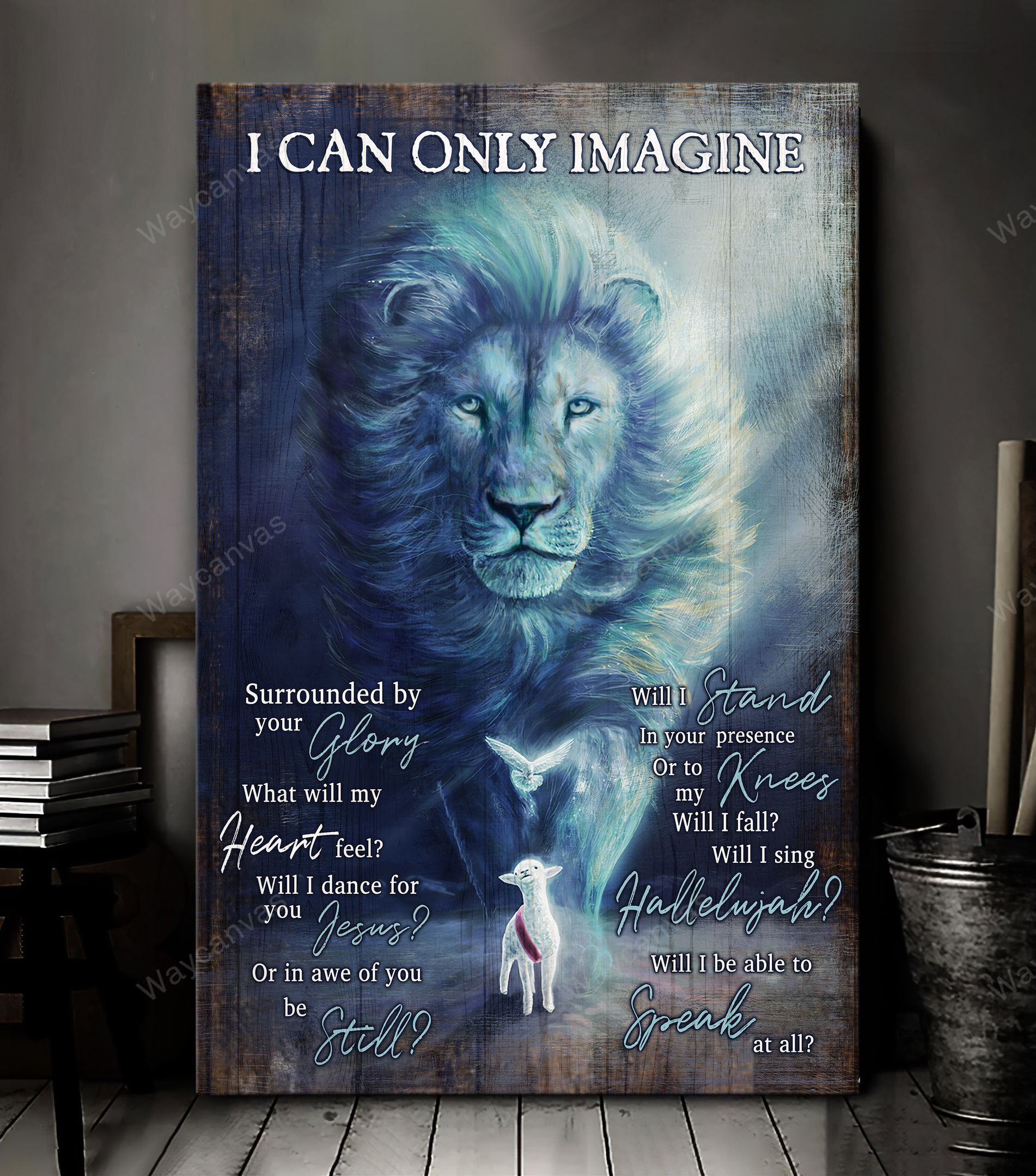 Big lion, Dove symbol, Blue background, I can only imagine - Jesus Portrait Canvas Prints, Wall Art