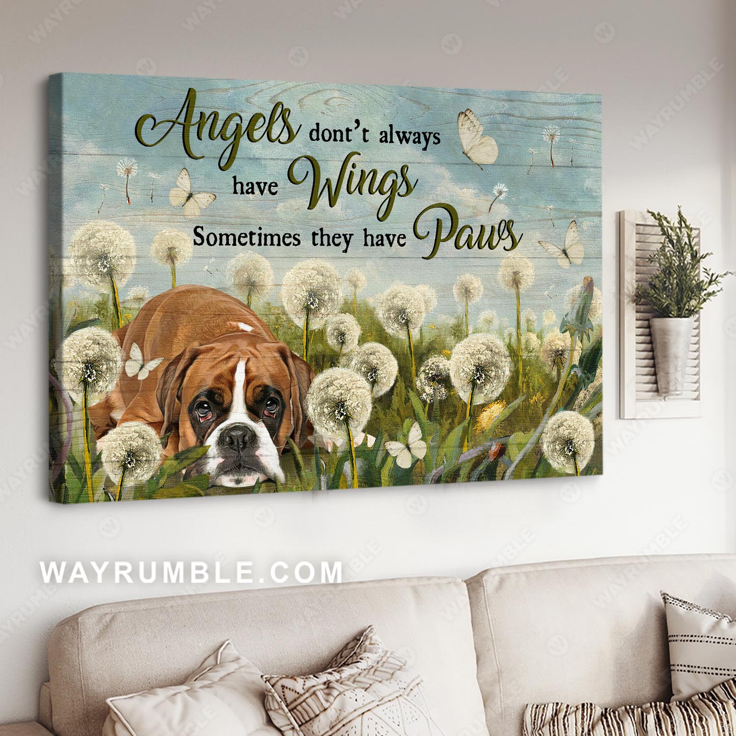 Boxer painting, Dandelion field, Angels don't always have wings - Dog Landscape Canvas Prints, Wall Art