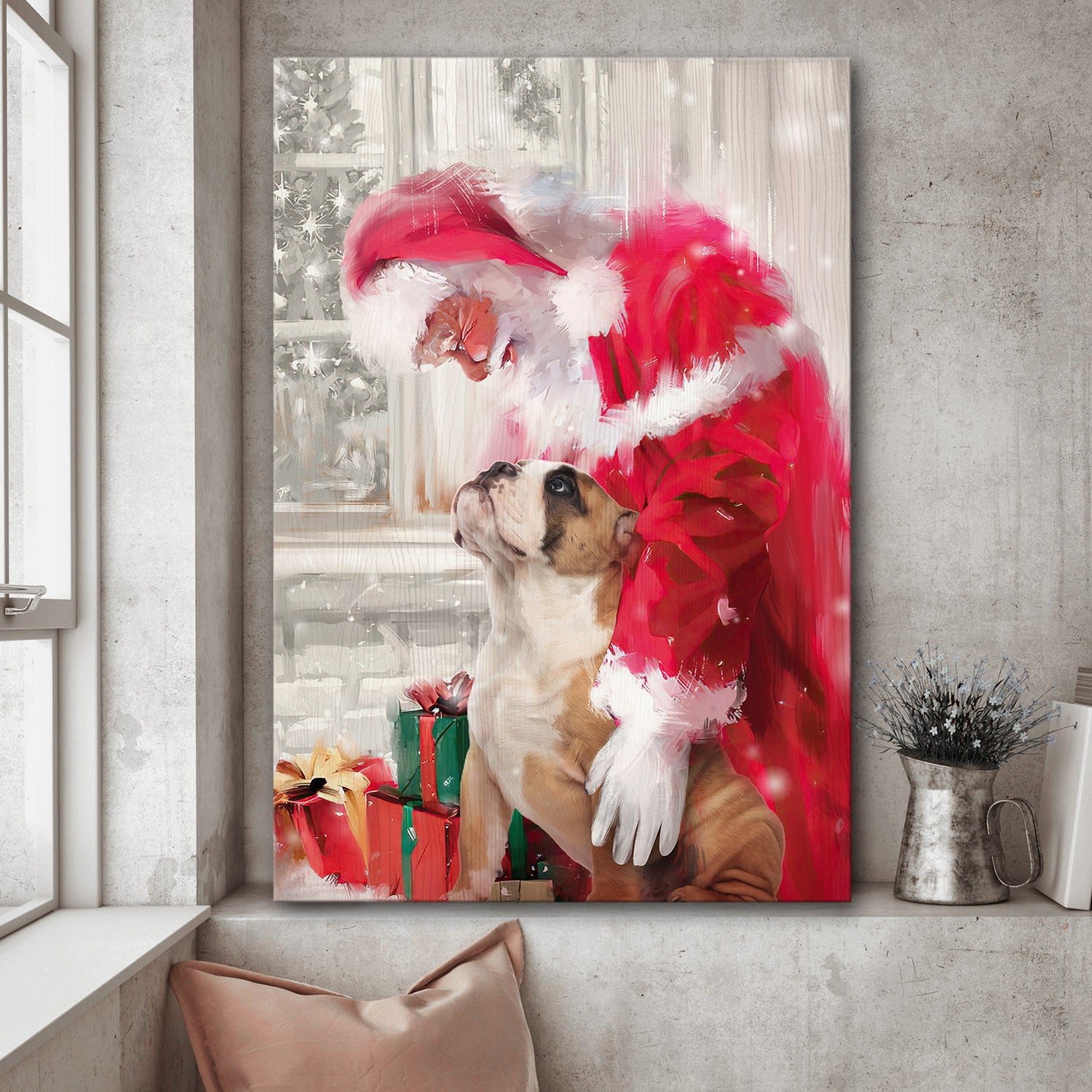 Bulldog and Santa Claus - Christmas Portrait Canvas Print - Wall Art