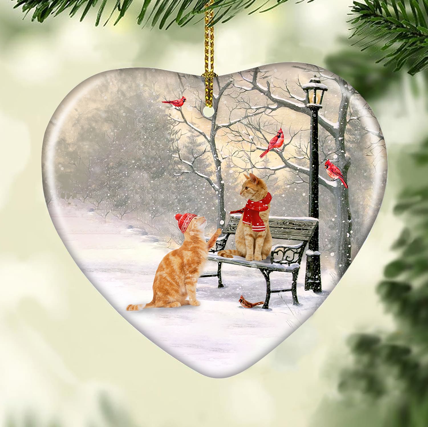 Cat painting, Winter park, On a date - Christmas Ceramic Heart Ornament