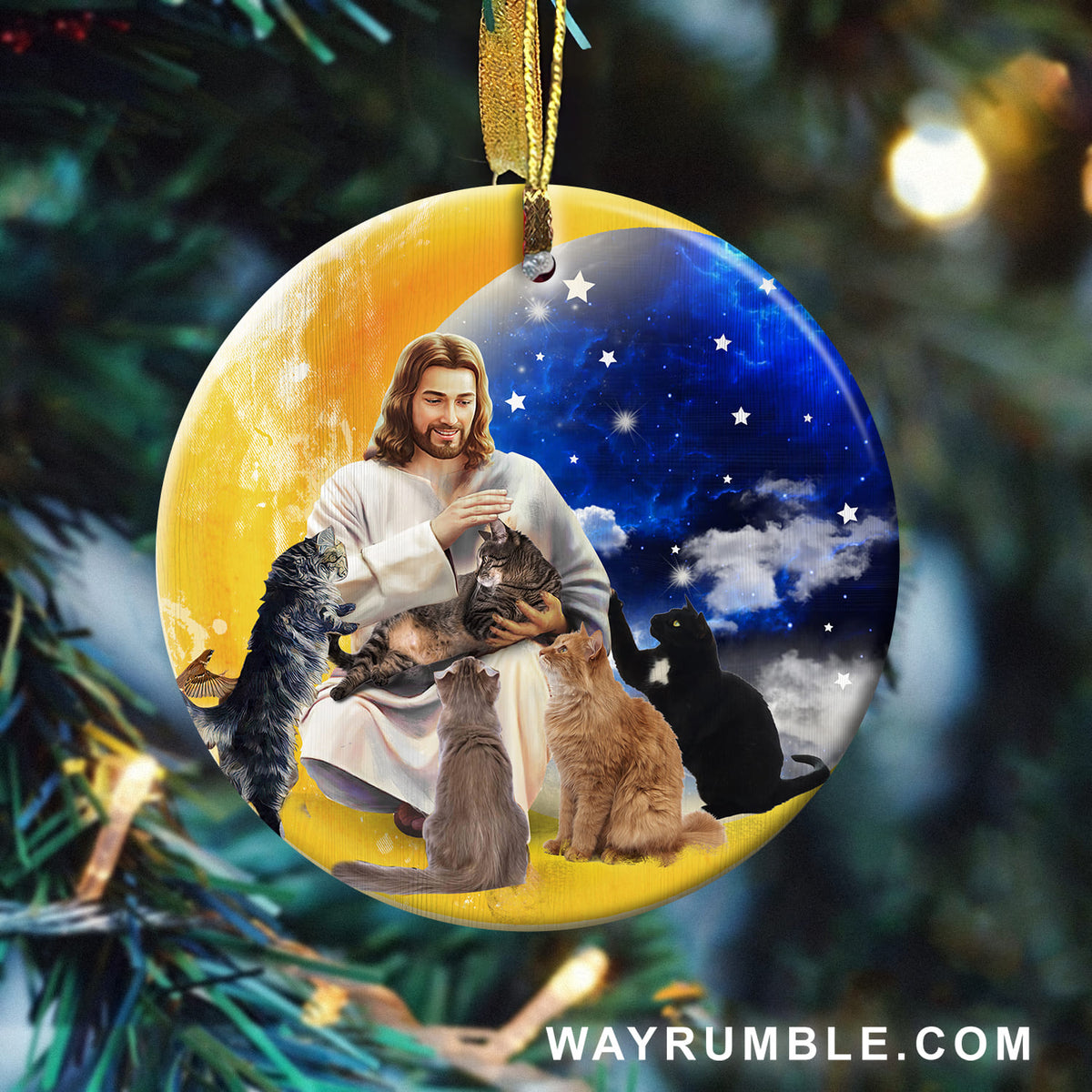 Pet Painting, Jesus and Cats, The beautiful Night - Jesus, Pet Circle Ceramic Ornament