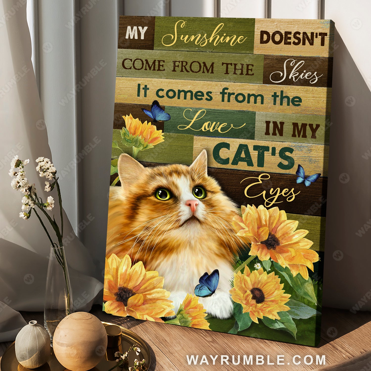 Yellow tabby cat, Sunflower, Blue butterfly, My sunshine comes from the love in my cat's eyes - Cat Portrait Canvas Prints, Wall Art
