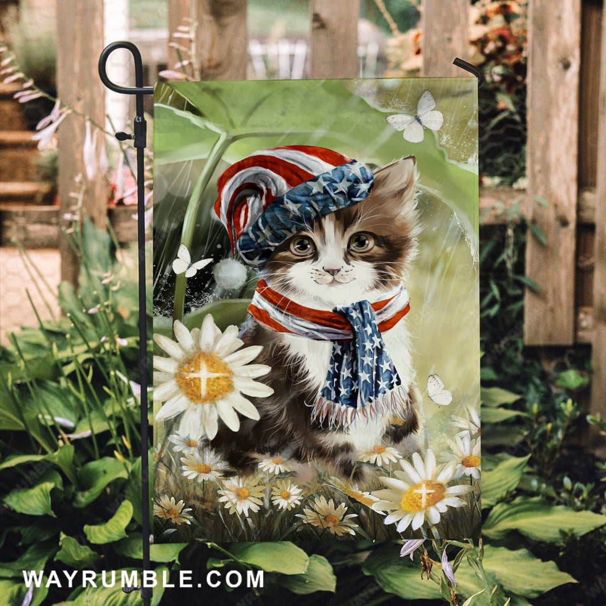 Watercolor cat, Daisy field, White butterfly, Gift for Christmas - Cat Flag