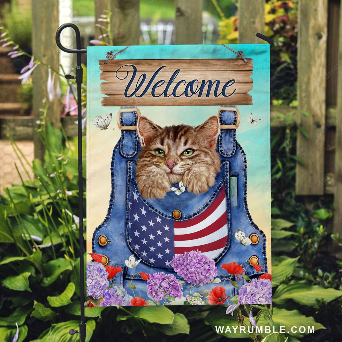 Tabby cat, Purple hydrangea, Denim overalls, Welcome - Cat Flag