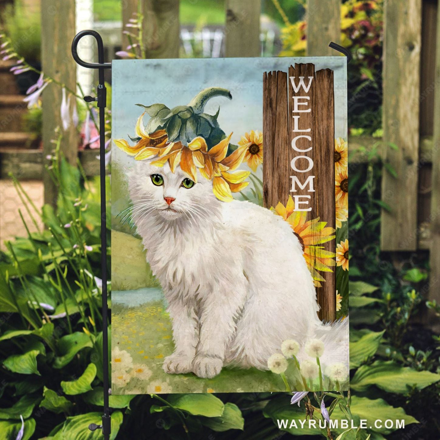 Fluffy cat, White cat, Sunflower garden, White dandelion, Welcome - Cat Flag