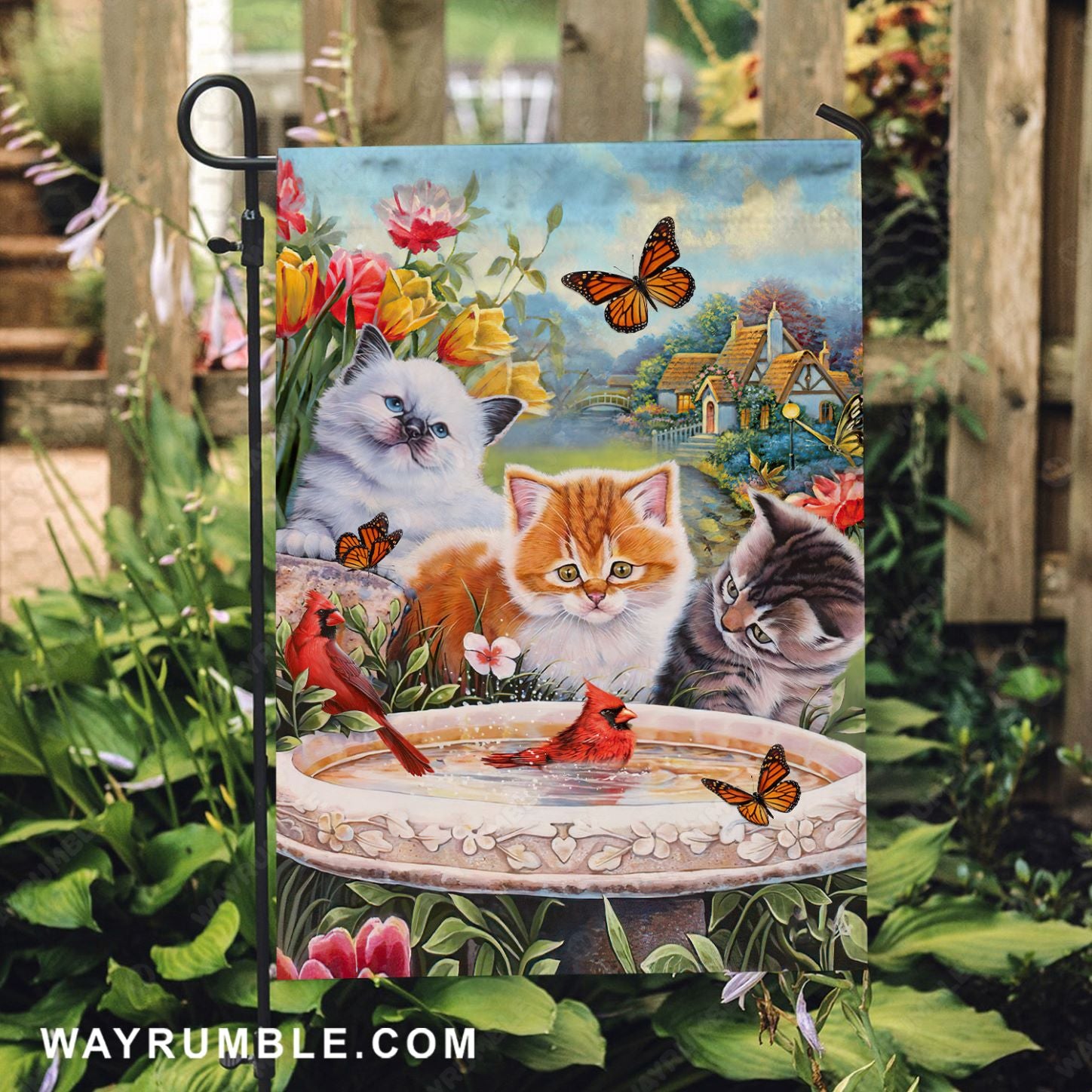Little cat painting, Red cardinal, Pretty tulip flower - Cat Flag