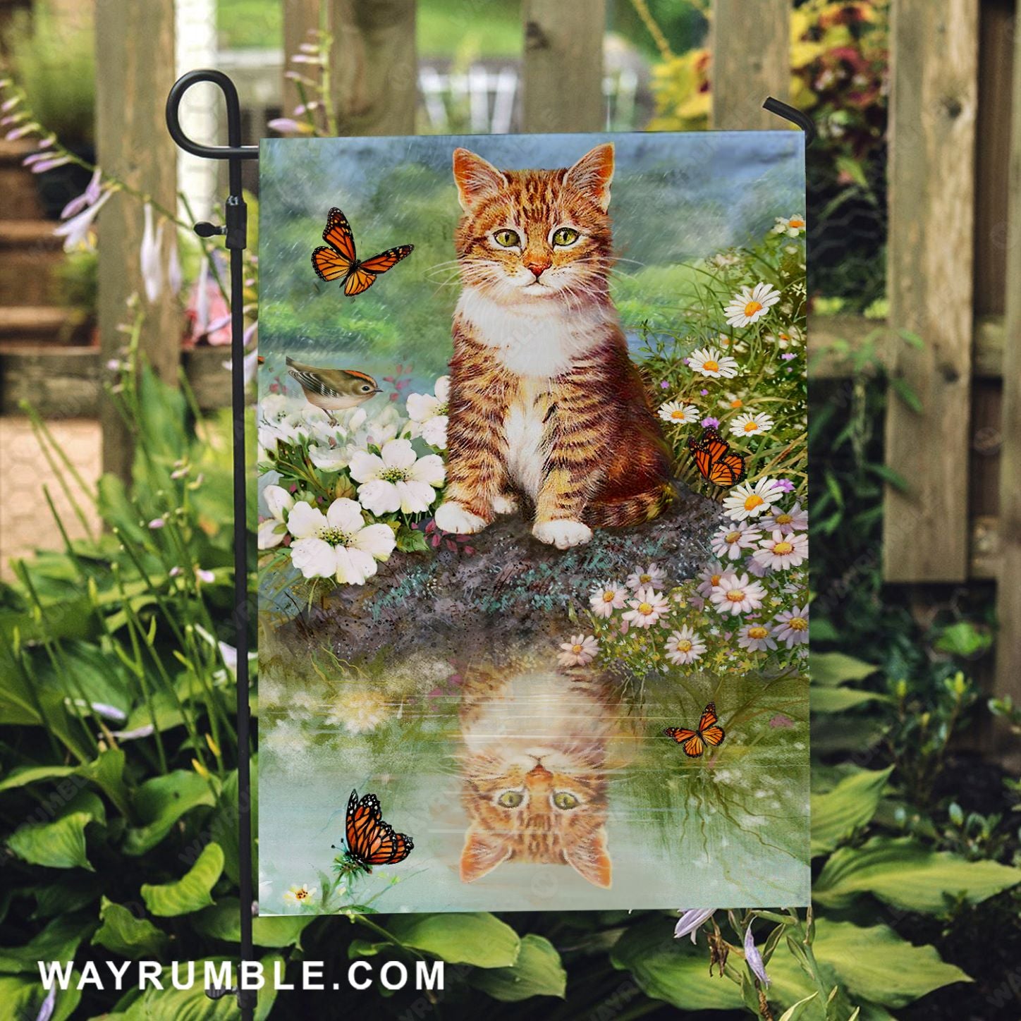Little cat, White daisy garden, Flower painting, Orange butterfly - Cat Flag