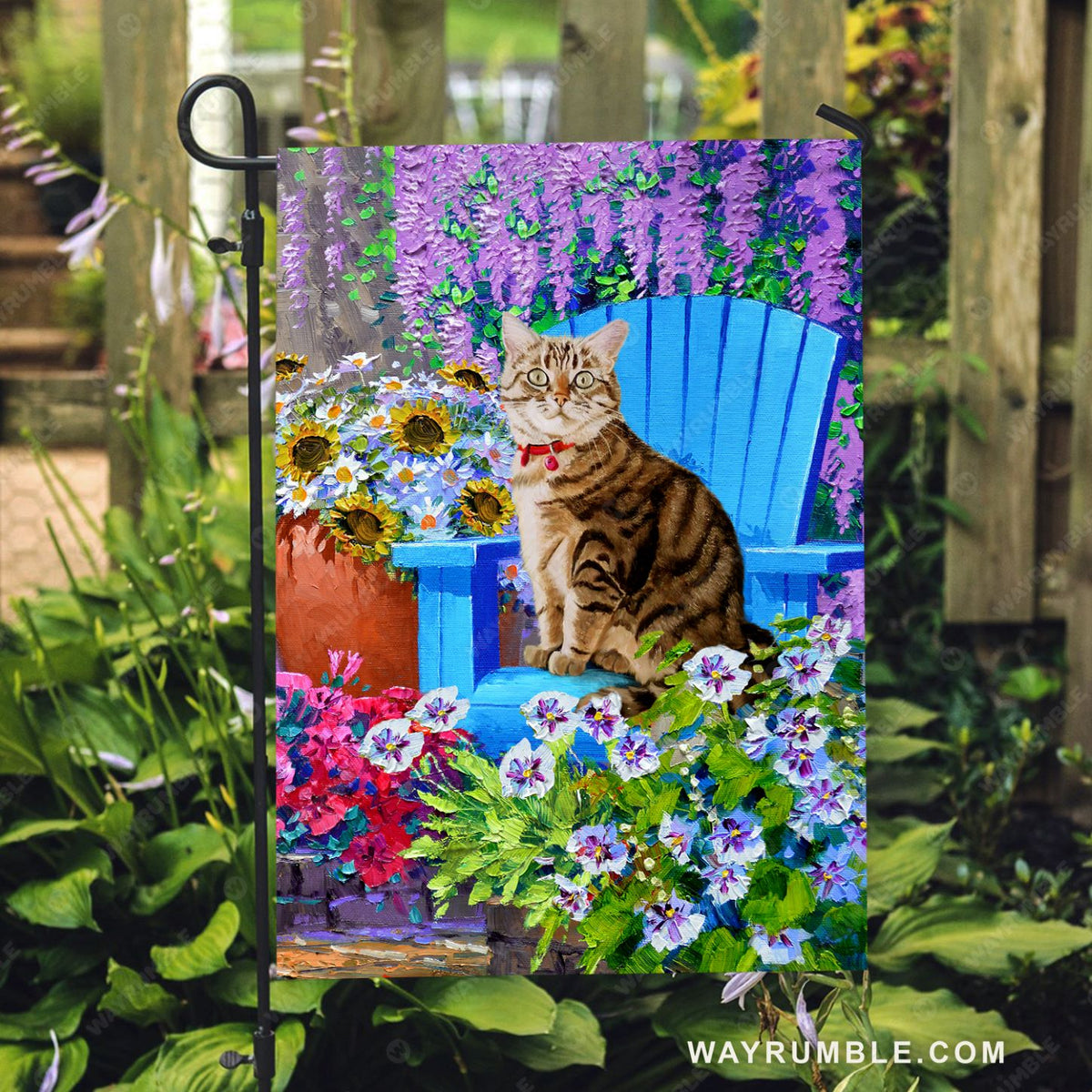 Flower garden, Tabby cat, Sunflower, Daisy flower, Blue chair - Cat Flag
