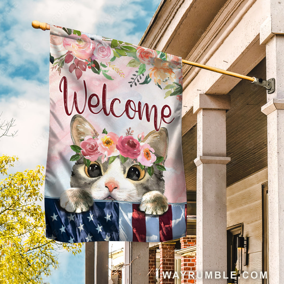 Adorable kitty, Gorgeous flower, Welcome - Cat Flag