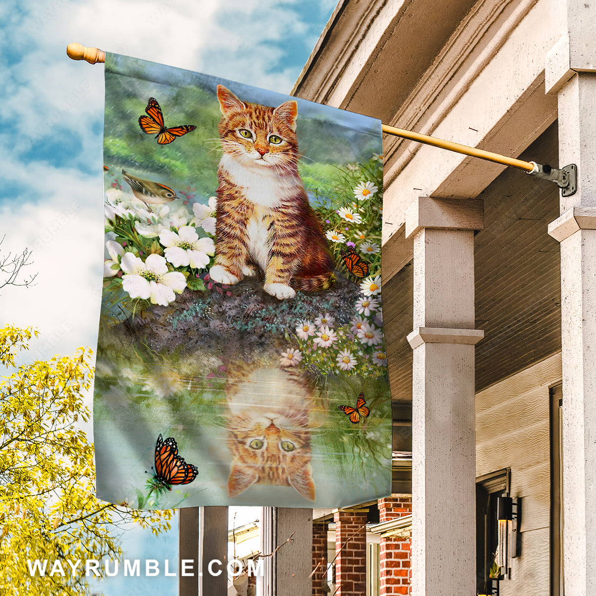 Little cat, White daisy garden, Flower painting, Orange butterfly - Cat Flag