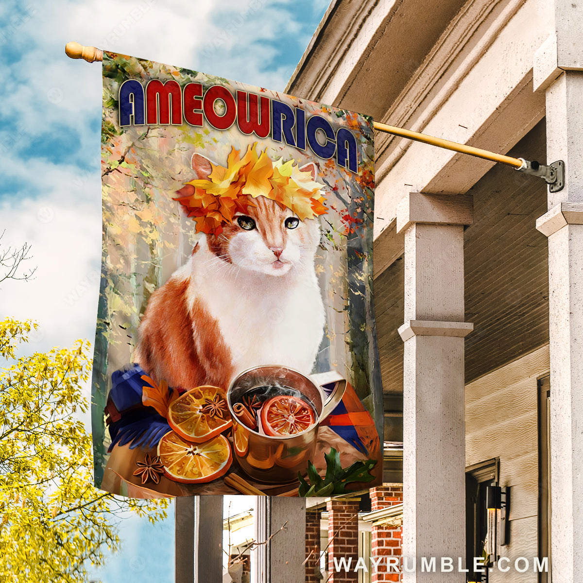 Watercolor cat, Hot tea cup, Flower wreath, Ameowrica - Jesus Flag