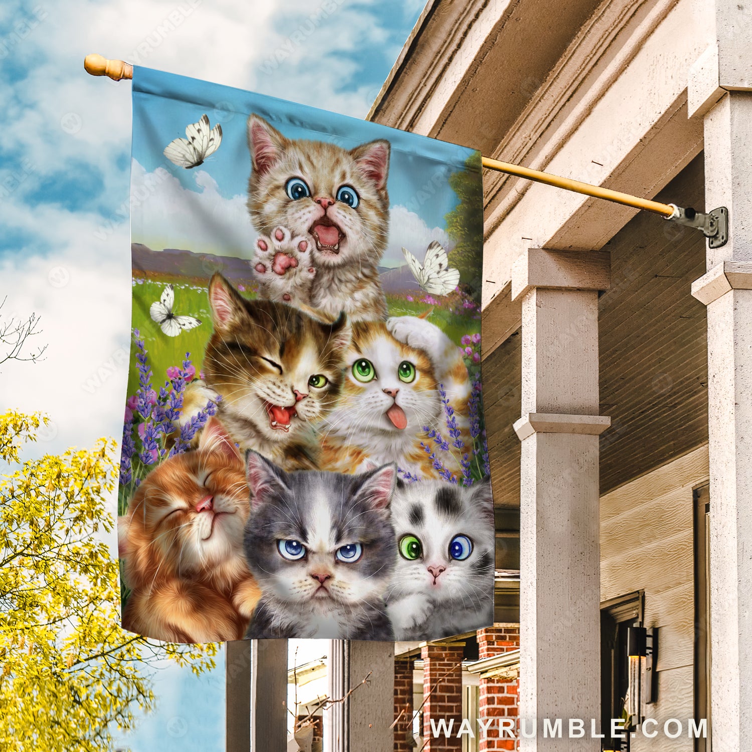 Cute cats, Lavender flower, White butterfly, Beautiful meadow - Cat Flag
