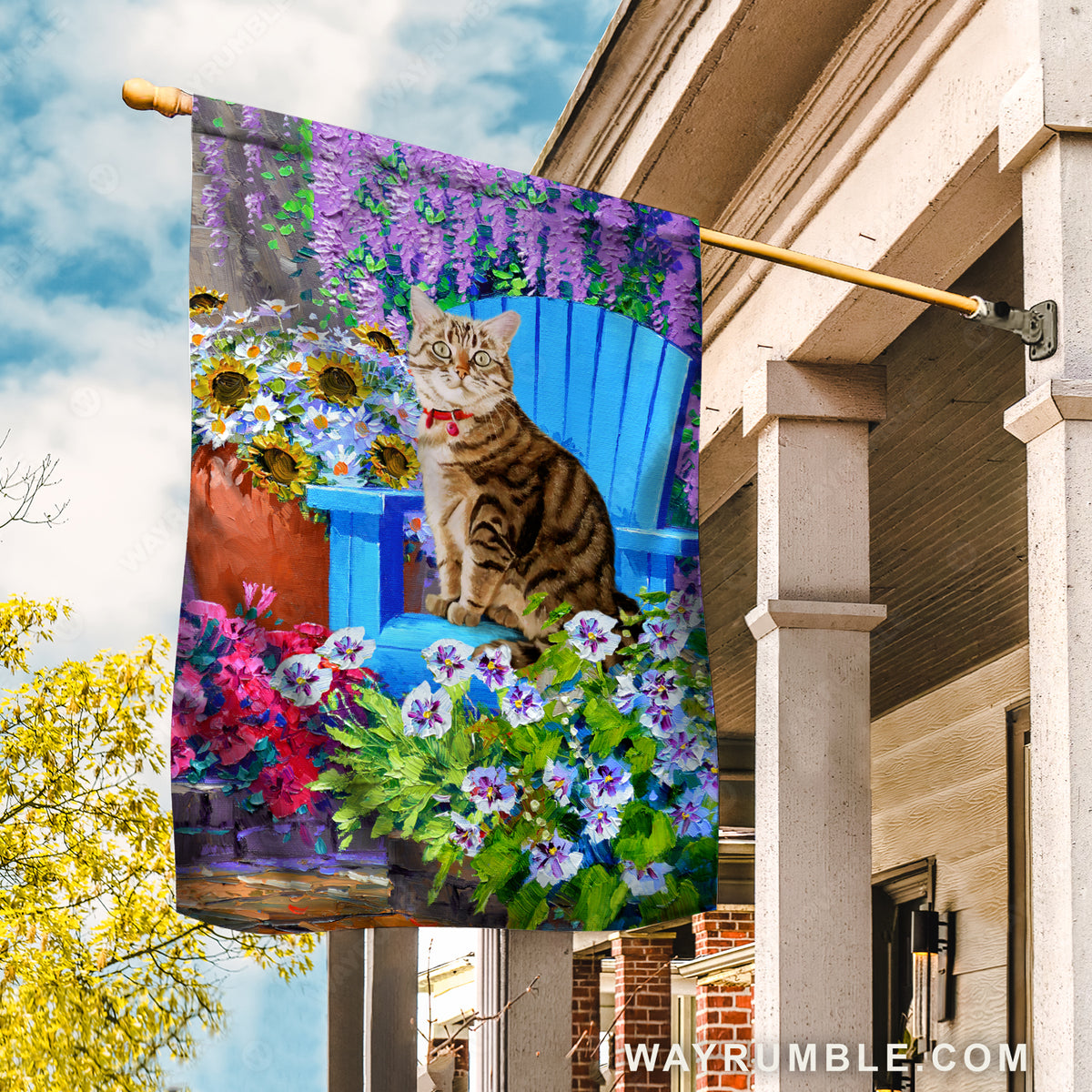 Flower garden, Tabby cat, Sunflower, Daisy flower, Blue chair - Cat Flag