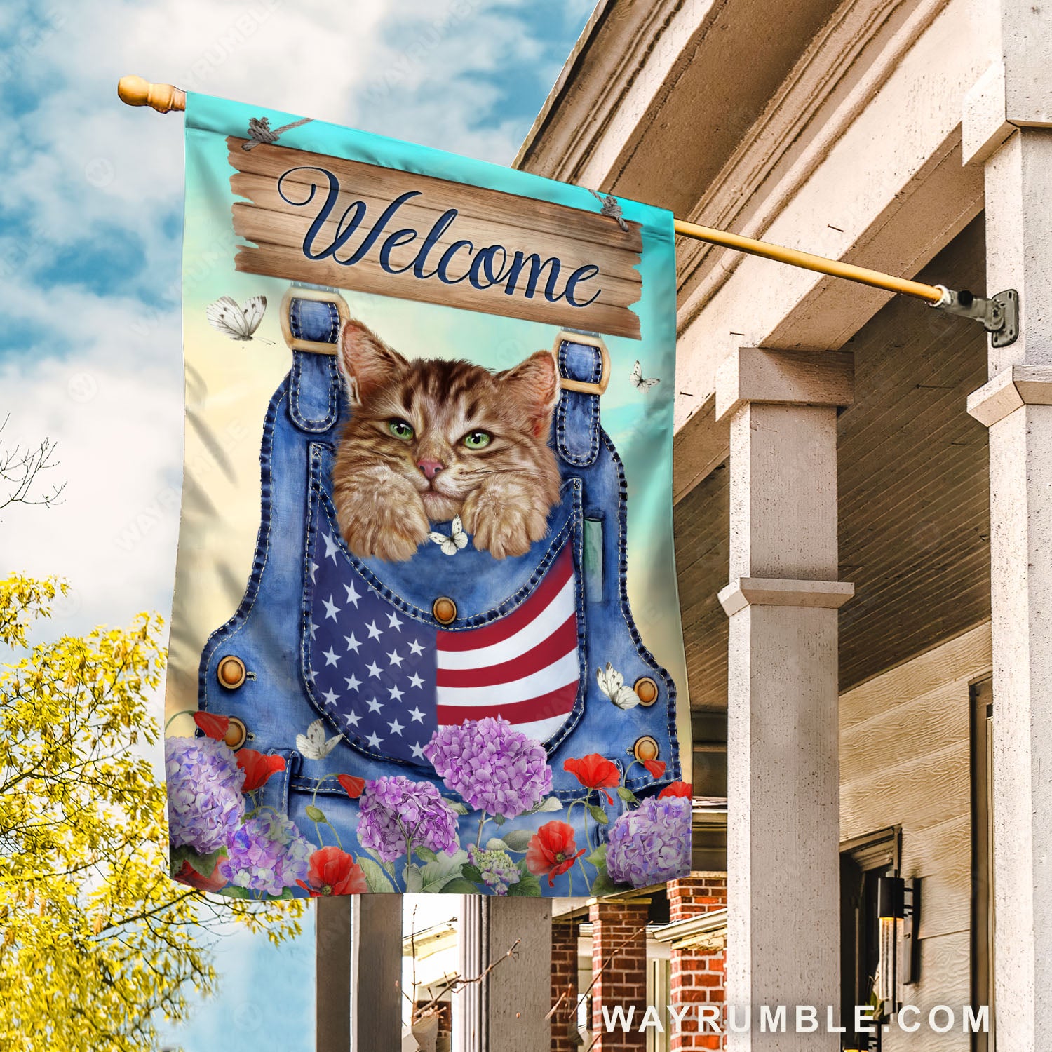 Tabby cat, Purple hydrangea, Denim overalls, Welcome - Cat Flag
