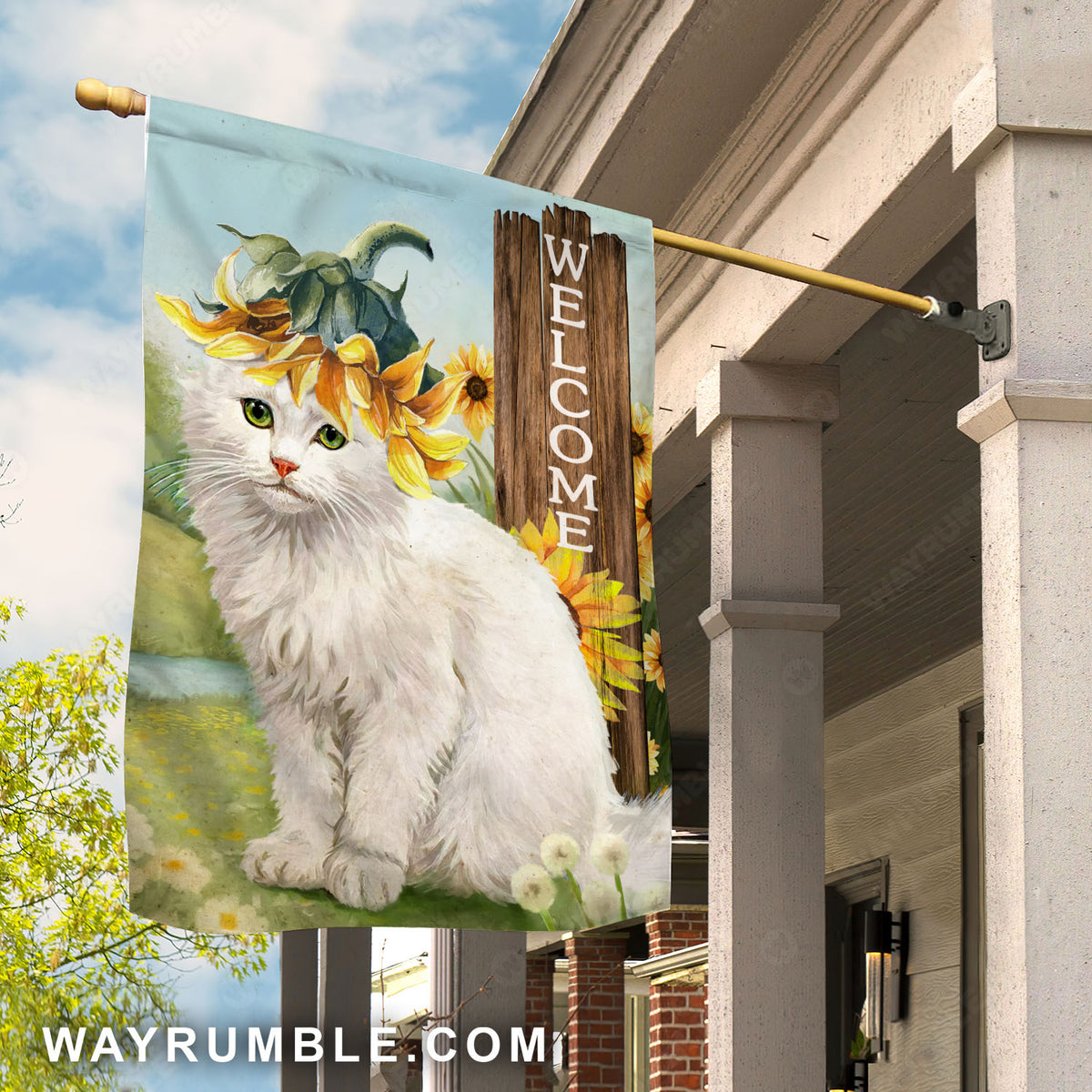 Fluffy cat, White cat, Sunflower garden, White dandelion, Welcome - Cat Flag
