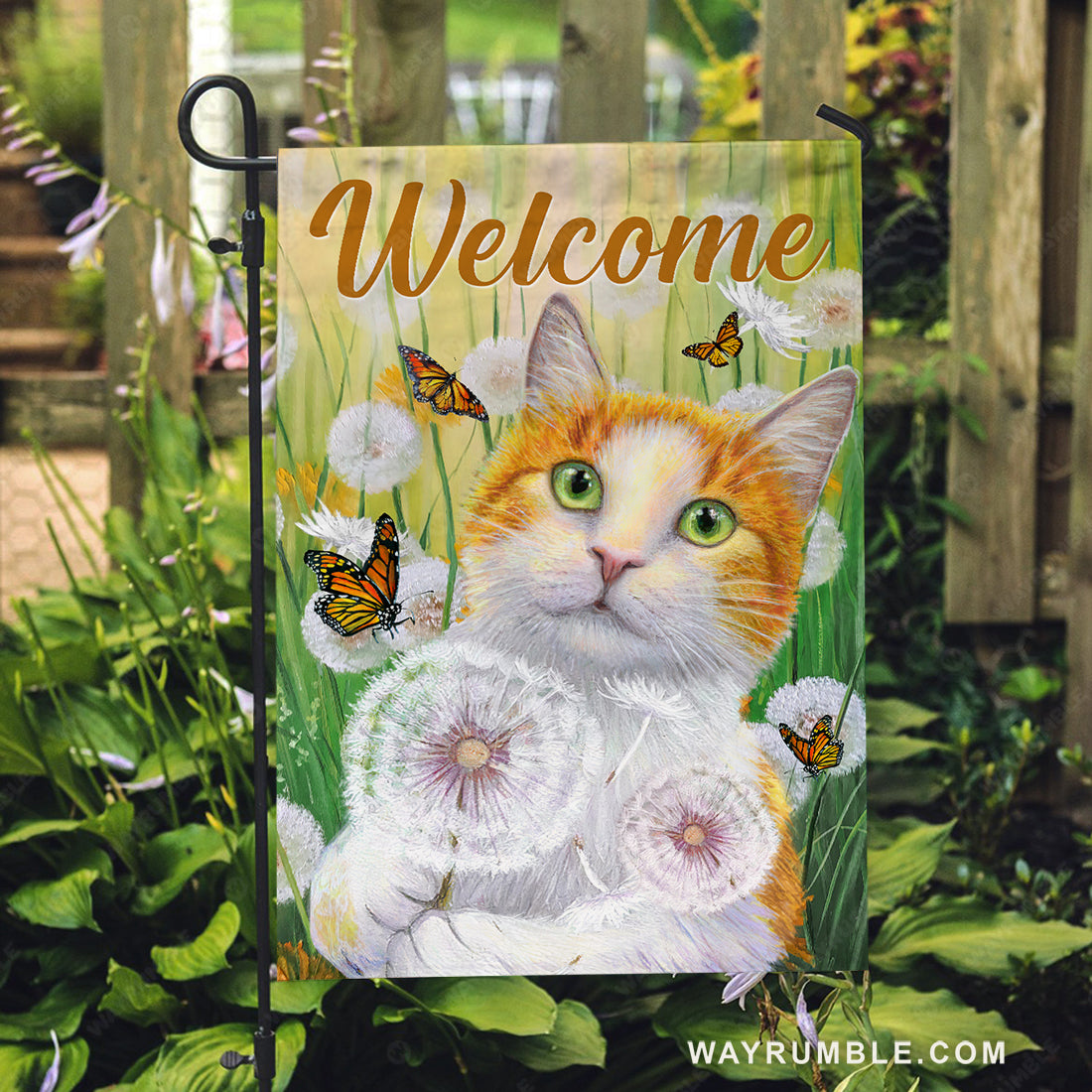 Beautiful cat, White dandelion, Pretty butterfly, Welcome - Cat Flag