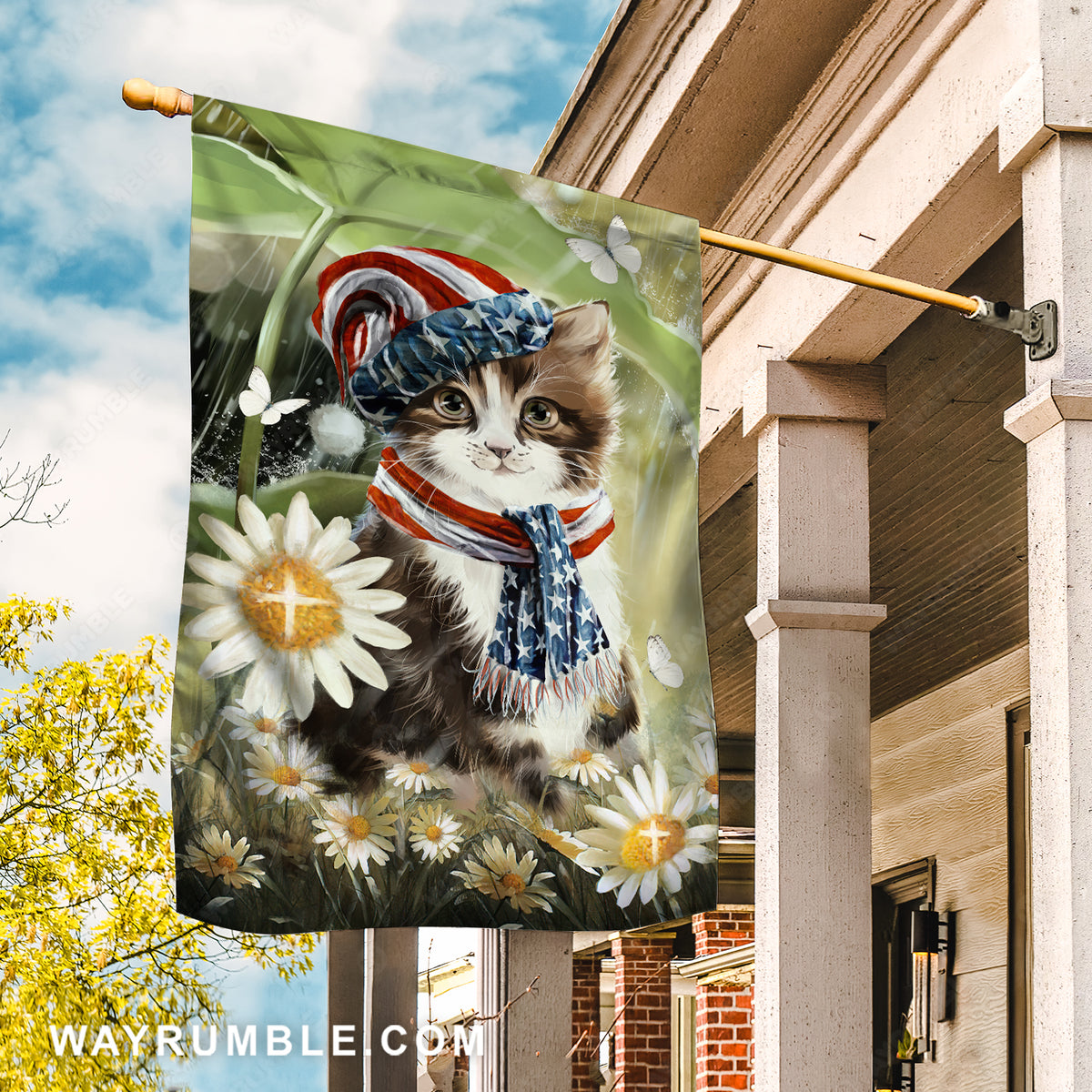 Watercolor cat, Daisy field, White butterfly, Gift for Christmas - Cat Flag