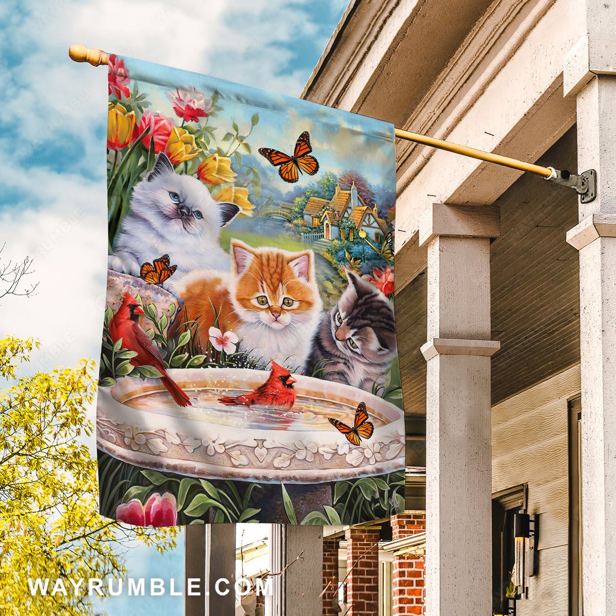 Little cat painting, Red cardinal, Pretty tulip flower - Cat Flag