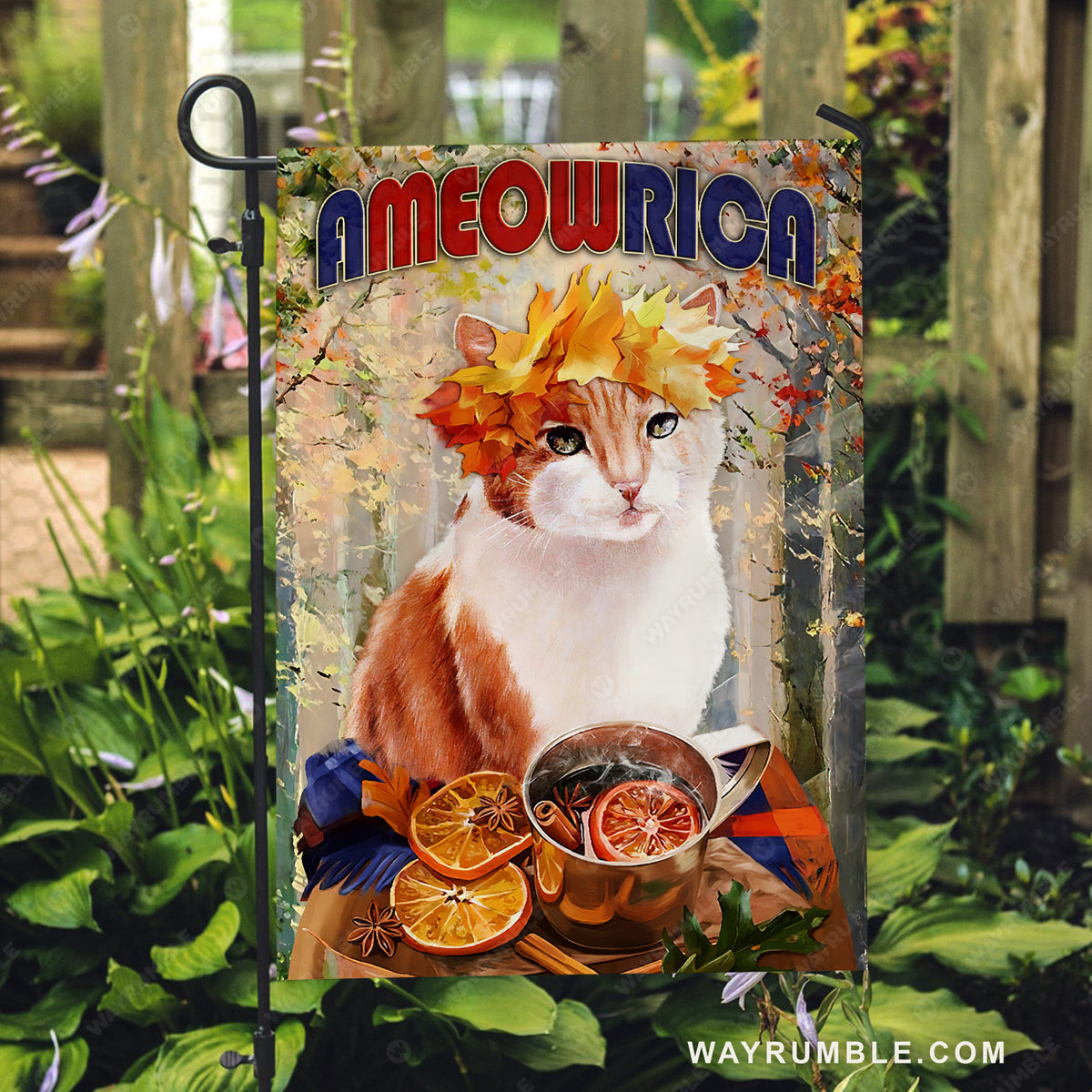 Watercolor cat, Hot tea cup, Flower wreath, Ameowrica - Jesus Flag