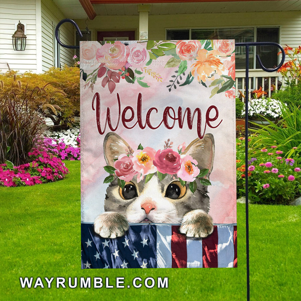 Adorable kitty, Gorgeous flower, Welcome - Cat Flag