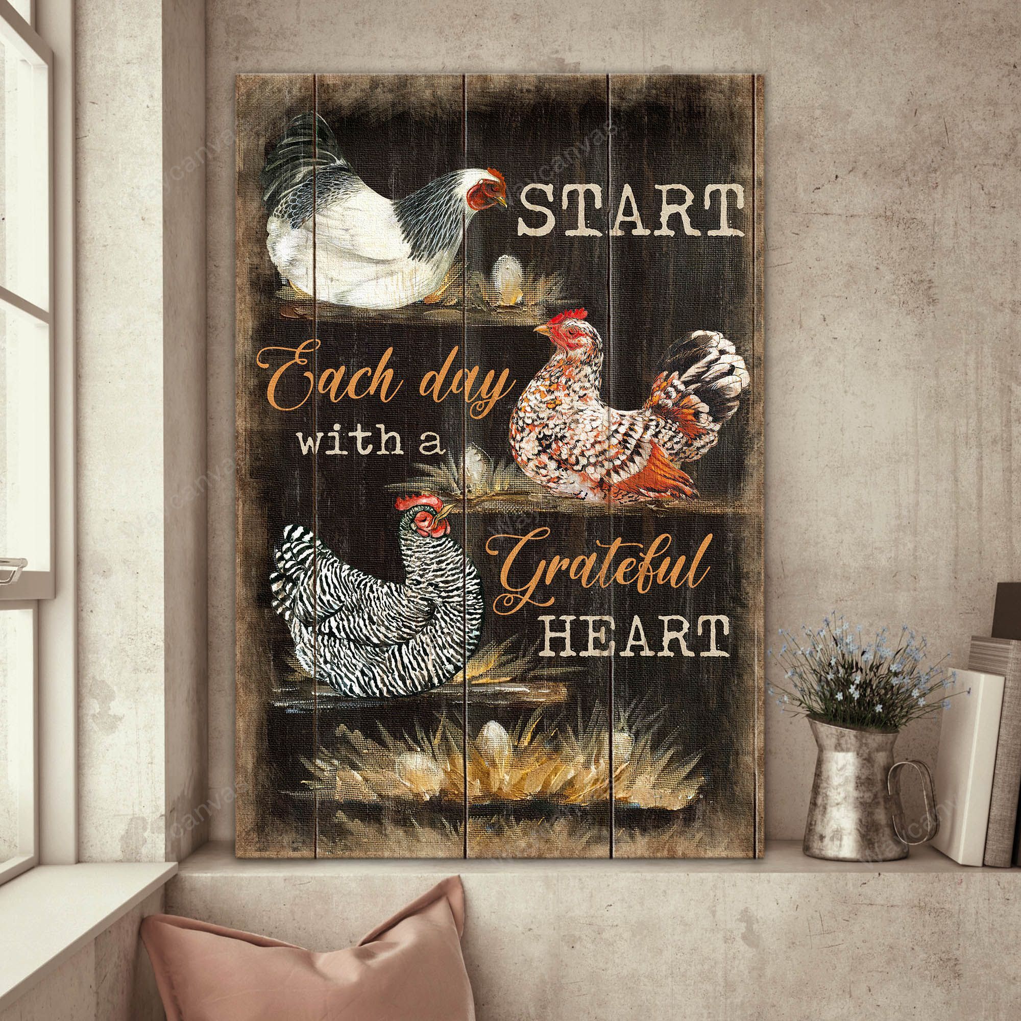 Chicken painting, Start everyday with a grateful heart - Jesus Portrait Canvas Prints, Wall Art