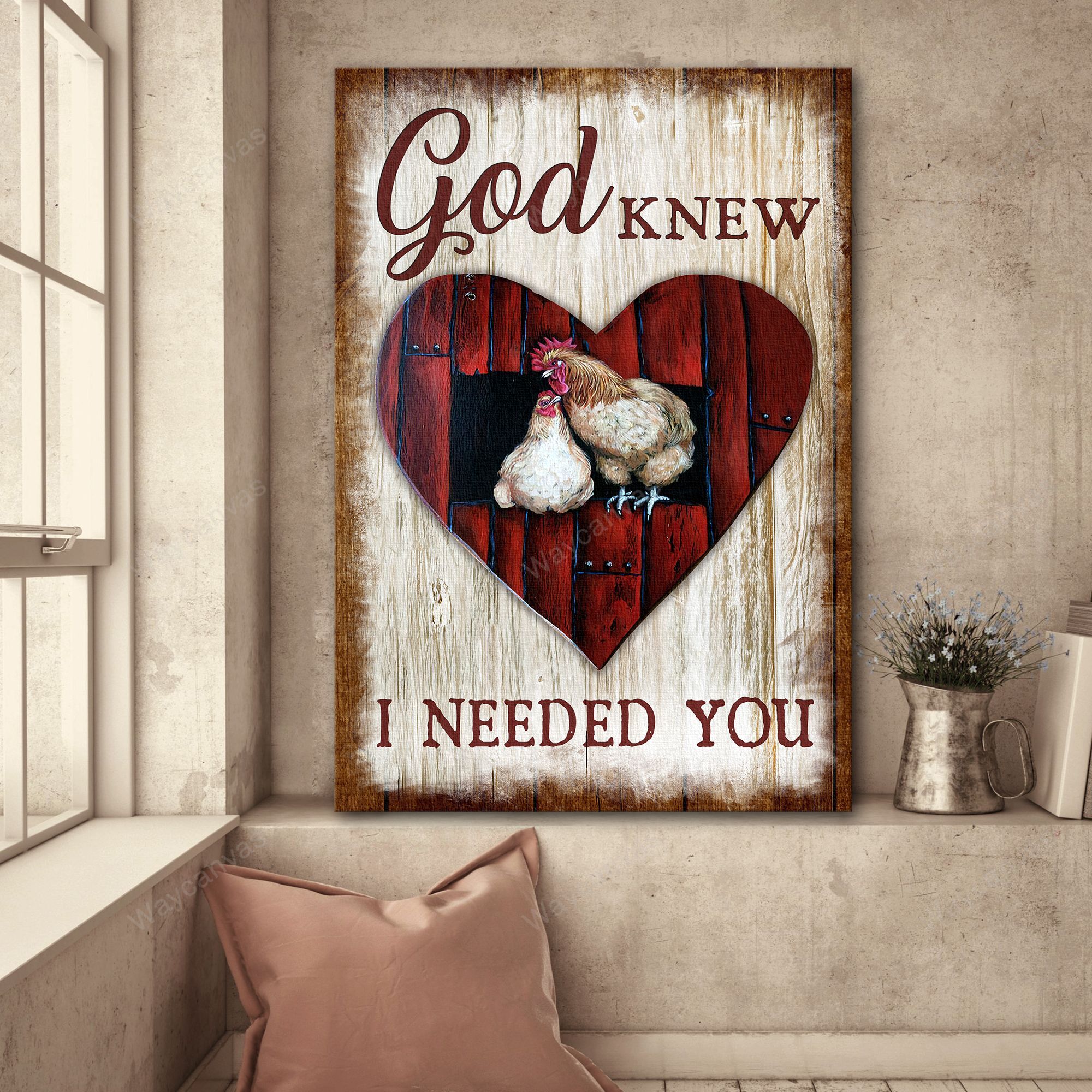 White chicken, Red heart, Vintage background, God knew I needed you - Jesus Portrait Canvas Prints, Wall Art