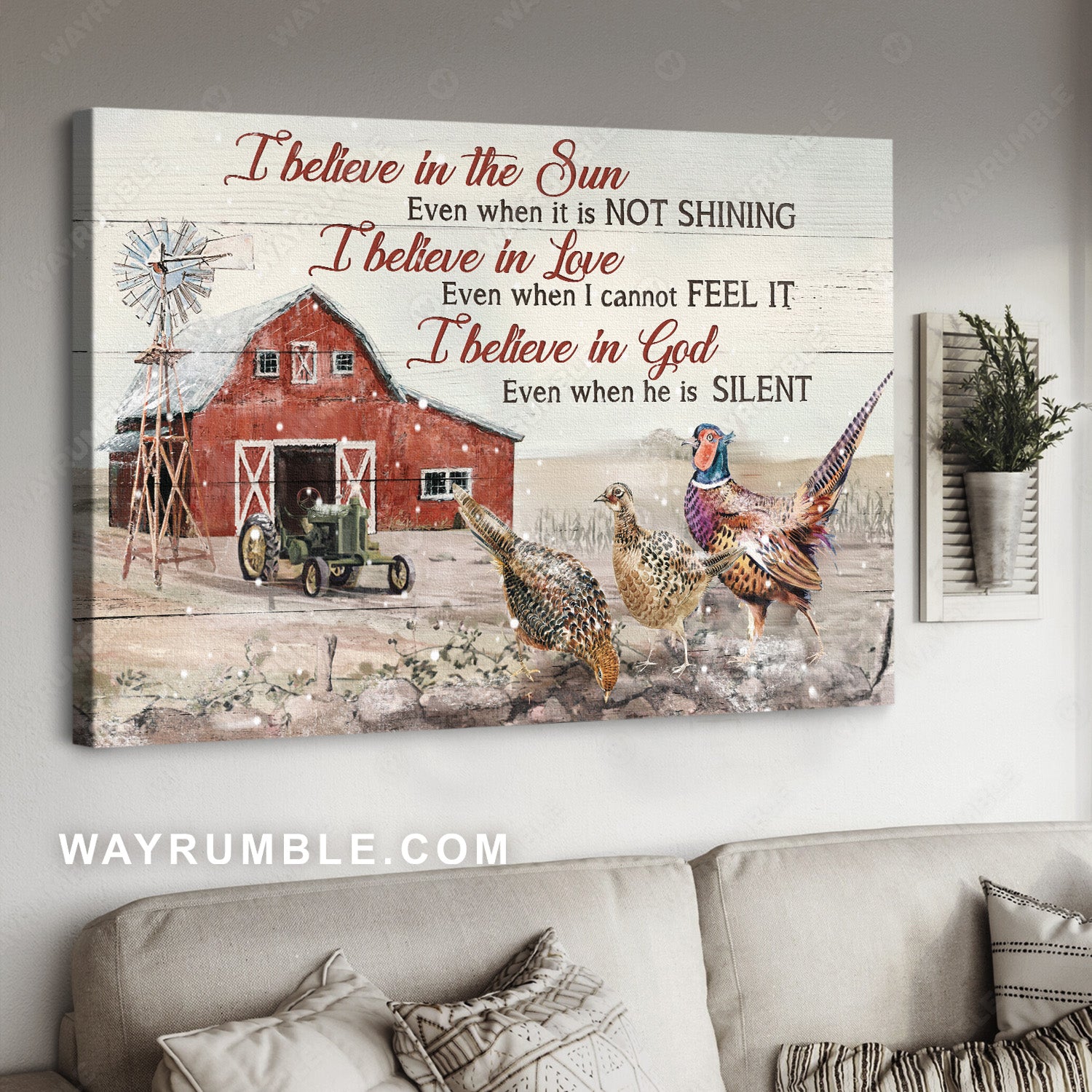 Pheasants, In the snow, I believe in God even when he is silent - Jesus Landscape Canvas Prints, Wall Art