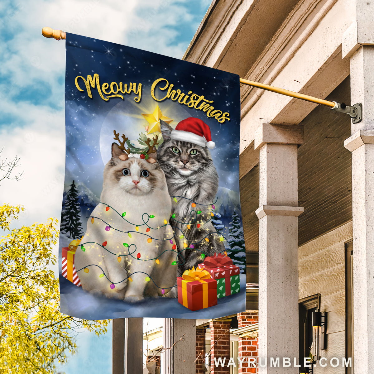 Christmas vibe, Beautiful cat, Winter night, Meowy Christmas - Jesus Flag