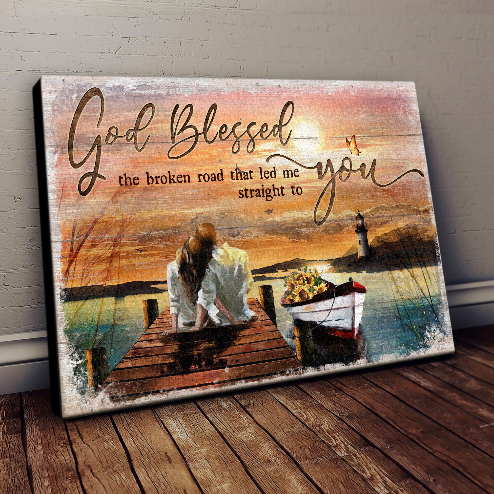 Romantic couple, Sunflower boat, Sunset Landscape, God blessed the road that led me to you - Couple Landscape Canvas Prints, Wall Art