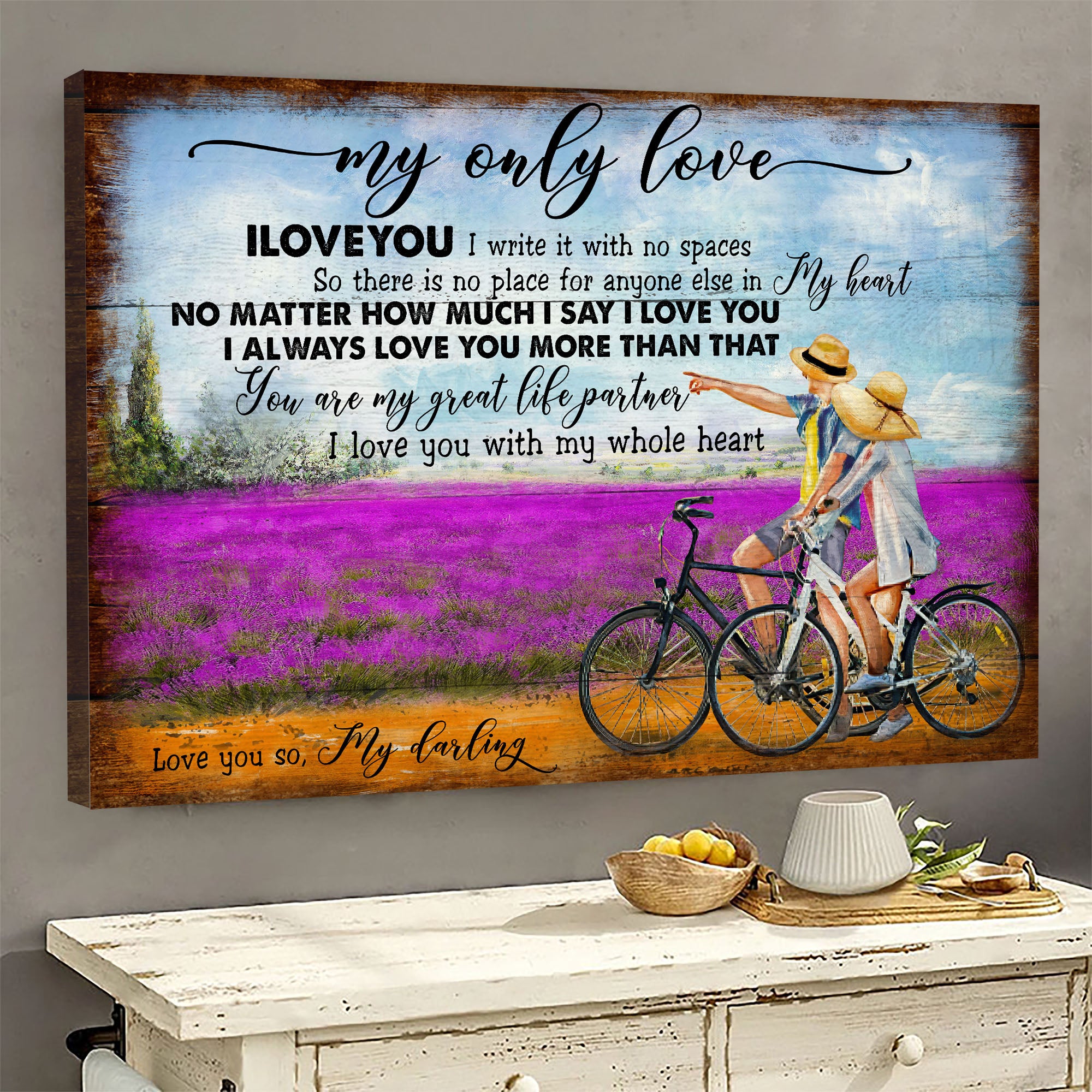 Couple, Lavender Field, Ride a bike, You are my great life partner - Couple Landscape Canvas Prints, Wall Art