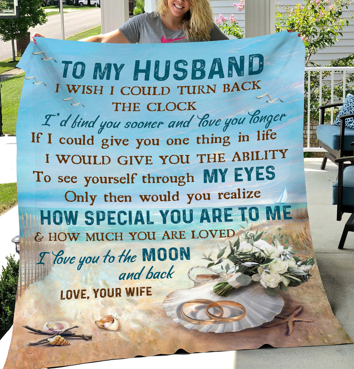 To my Husband - On the beach - I love you to the moon & back - Couple Blanket