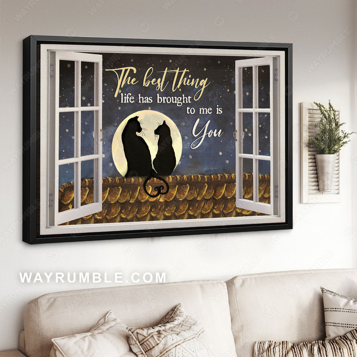 Full-moon drawing, Beautiful night, Cat, The best thing life has brought to me is you - Couple Landscape Canvas Prints, Wall Art