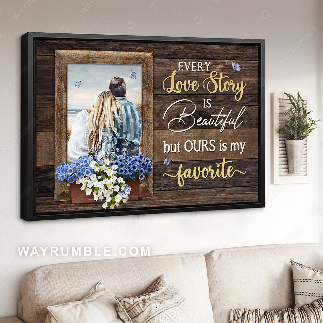 Watercolor couple, Blue daze flower, Butterfly, Every love story is beautiful - Couple Landscape Canvas Prints, Wall Art