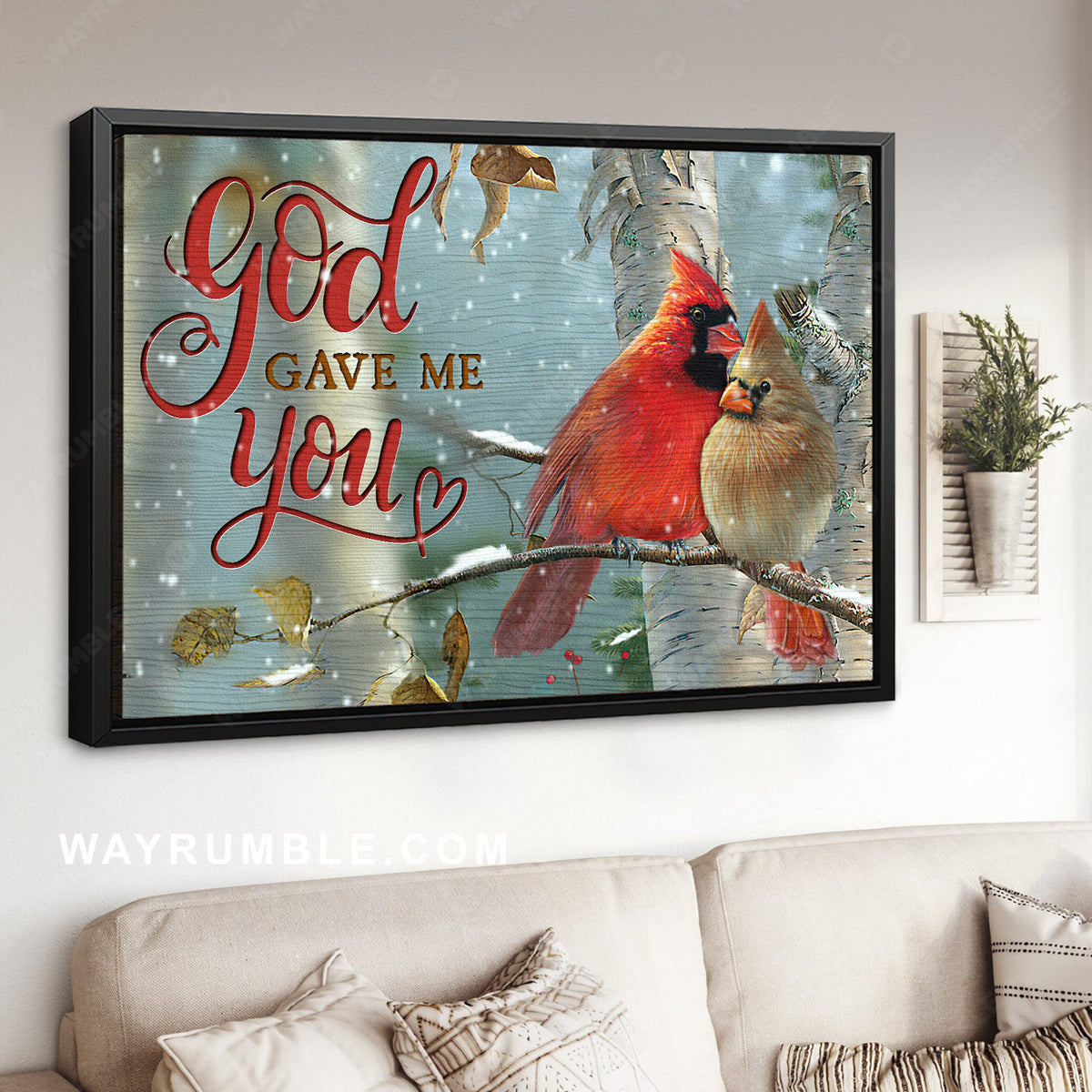 Stunning cardinal, Winter drawing, Bedroom artwork, God gave me you - Couple Landscape Canvas Prints, Home Decor Wall Art