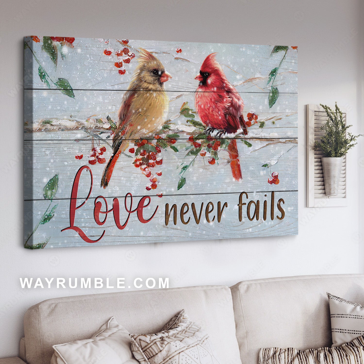 Gift for couple, Pretty cardinal, Watercolor cranberry, Love never fails - Couple Landscape Canvas Prints, Home Decor Wall Art