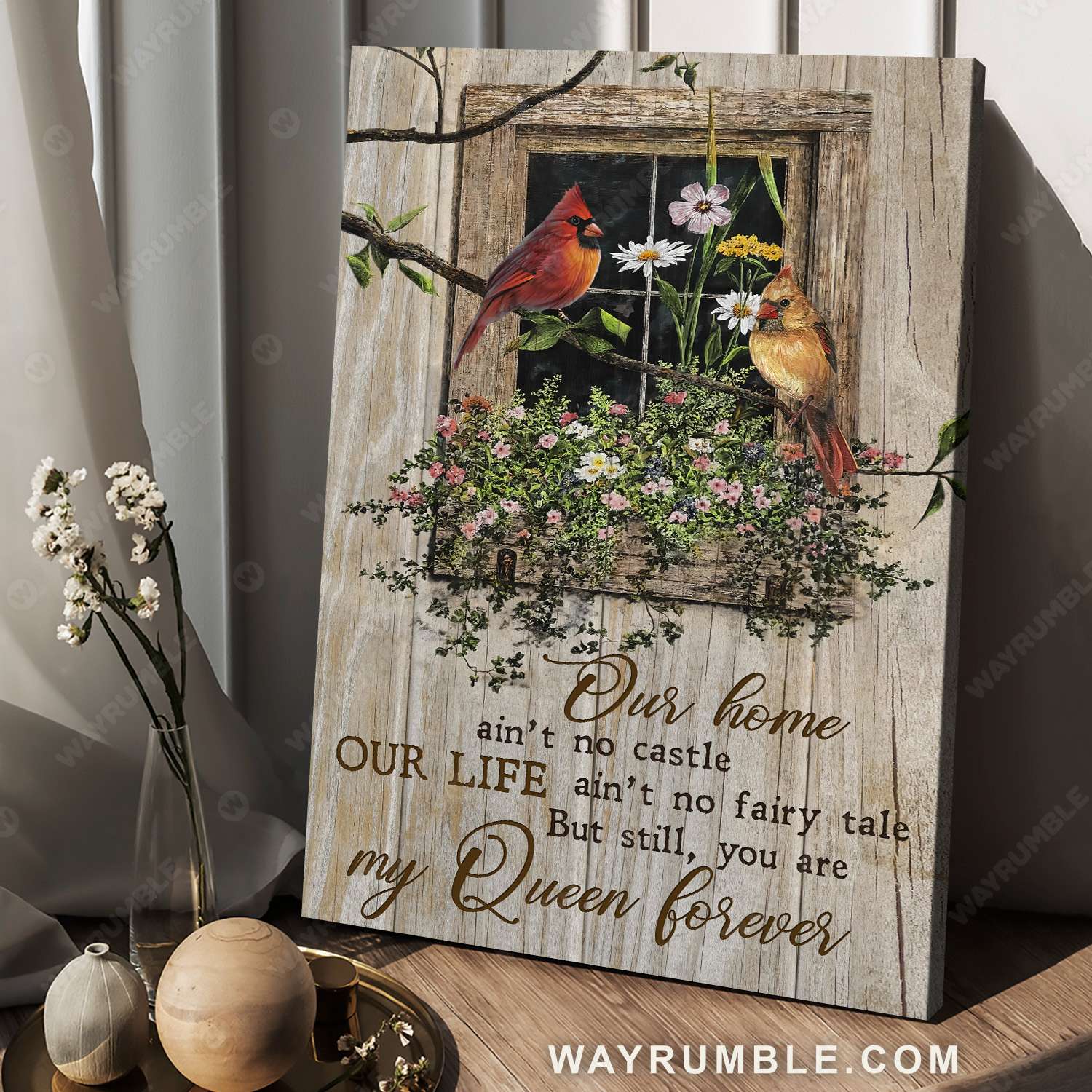 Beautiful cardinal, Flower drawing, Small window, You are my queen forever - Couple Portrait Canvas Prints, Wall Art