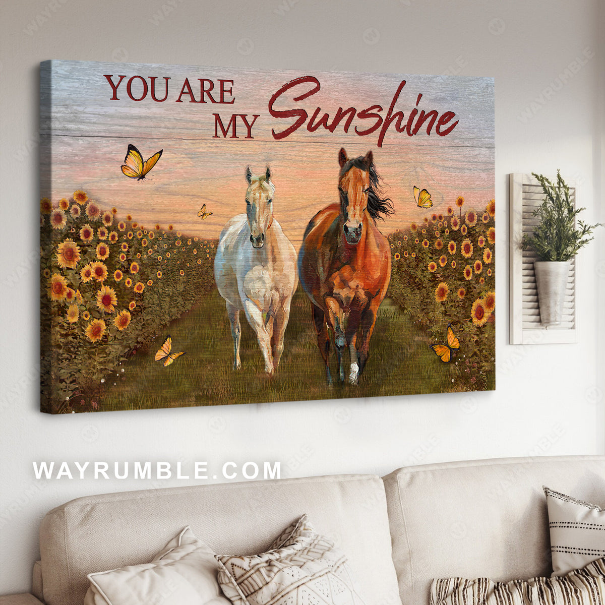 Running horse, Pretty sunset, Sunflower field, You are my sunshine - Couple Landscape Canvas Prints, Wall Art