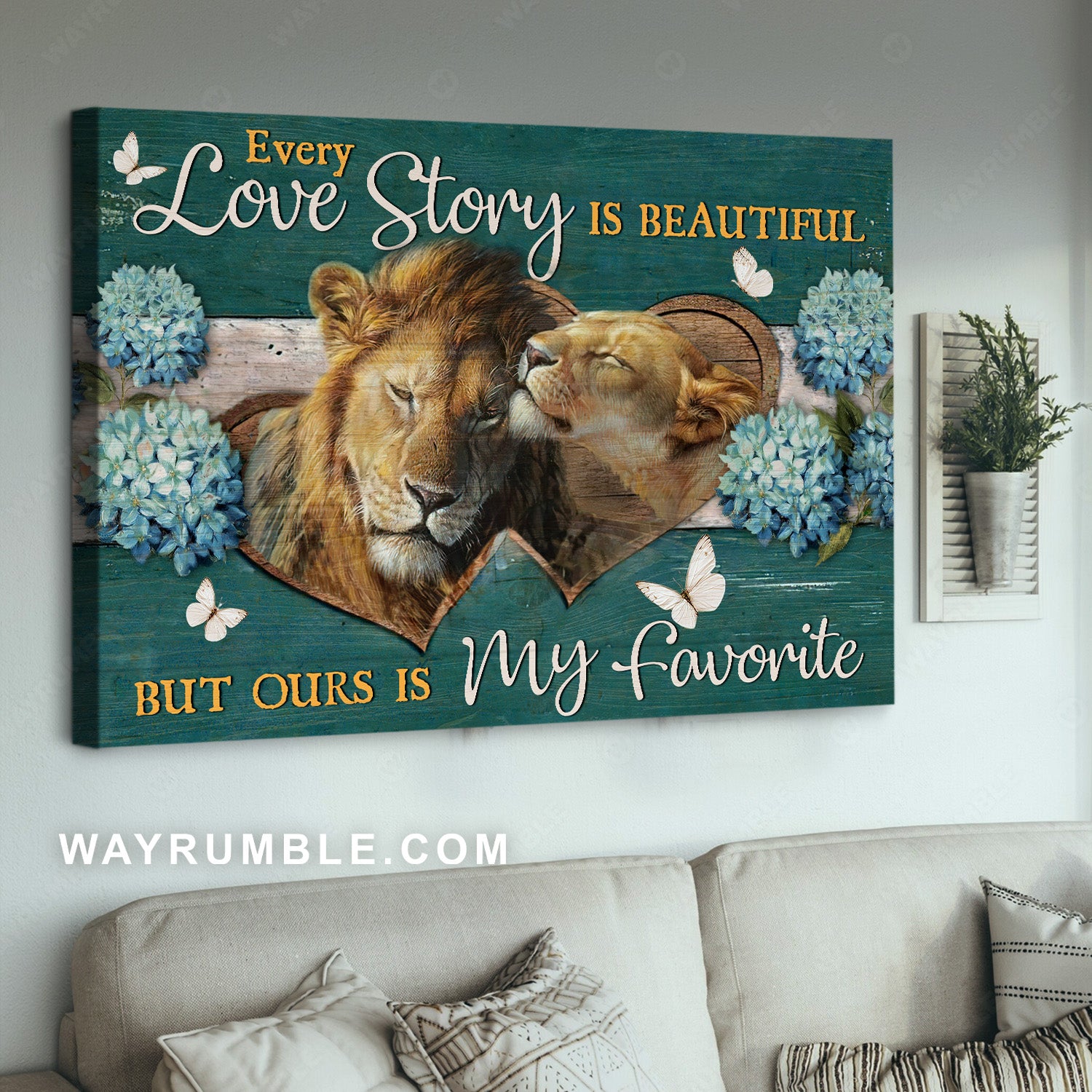 Lovely lion, Blue hydrangea, Every love story is beautiful - Couple Landscape Canvas Prints, Home Decor Wall Art