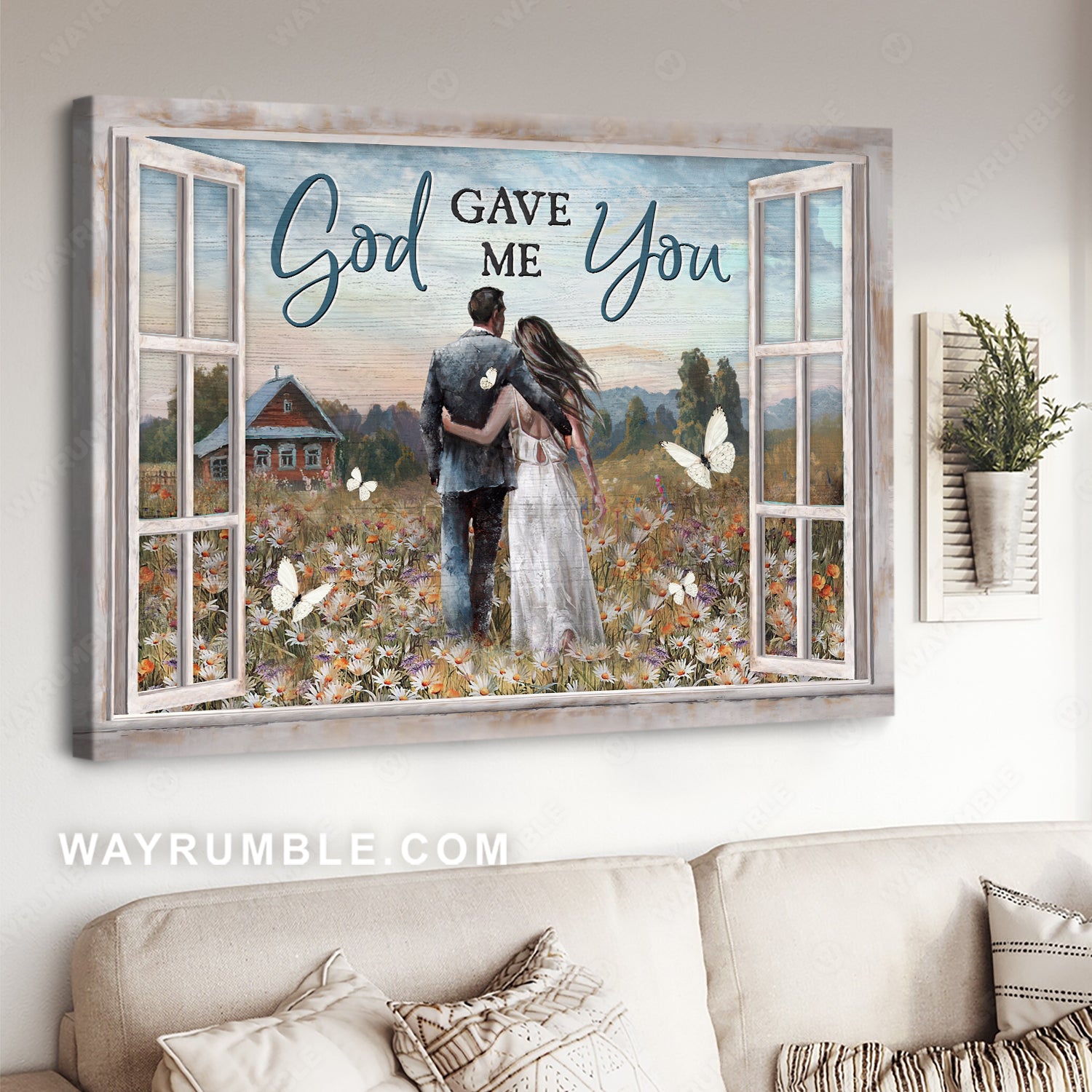 Couple artwork, Daisy field, White butterfly, God gave me you - Couple Landscape Canvas Prints, Wall Art