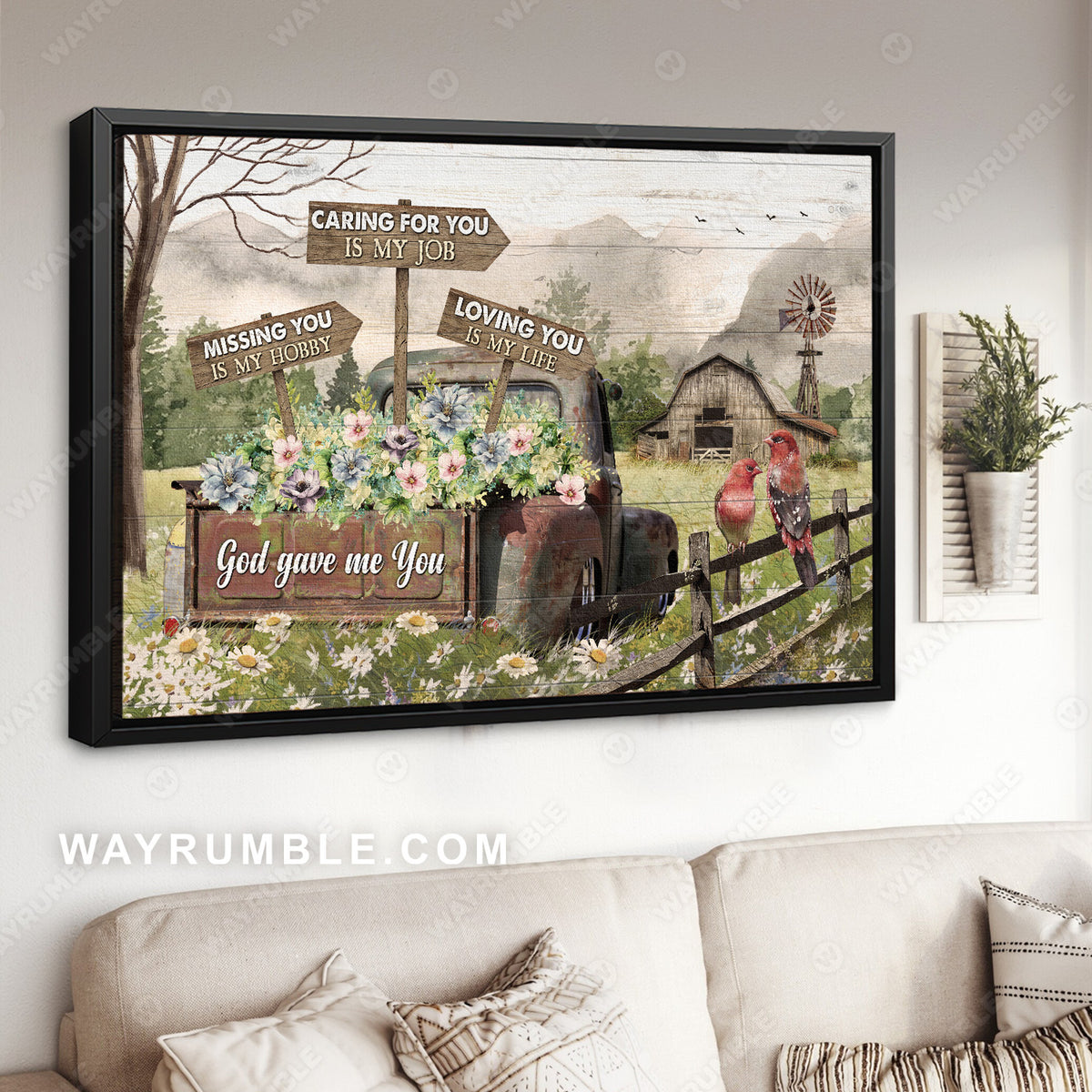 Pastel flower garden, Daisy field, Red cardinal, Missing you is my hobby - Couple Landscape Canvas Prints, Wall Art