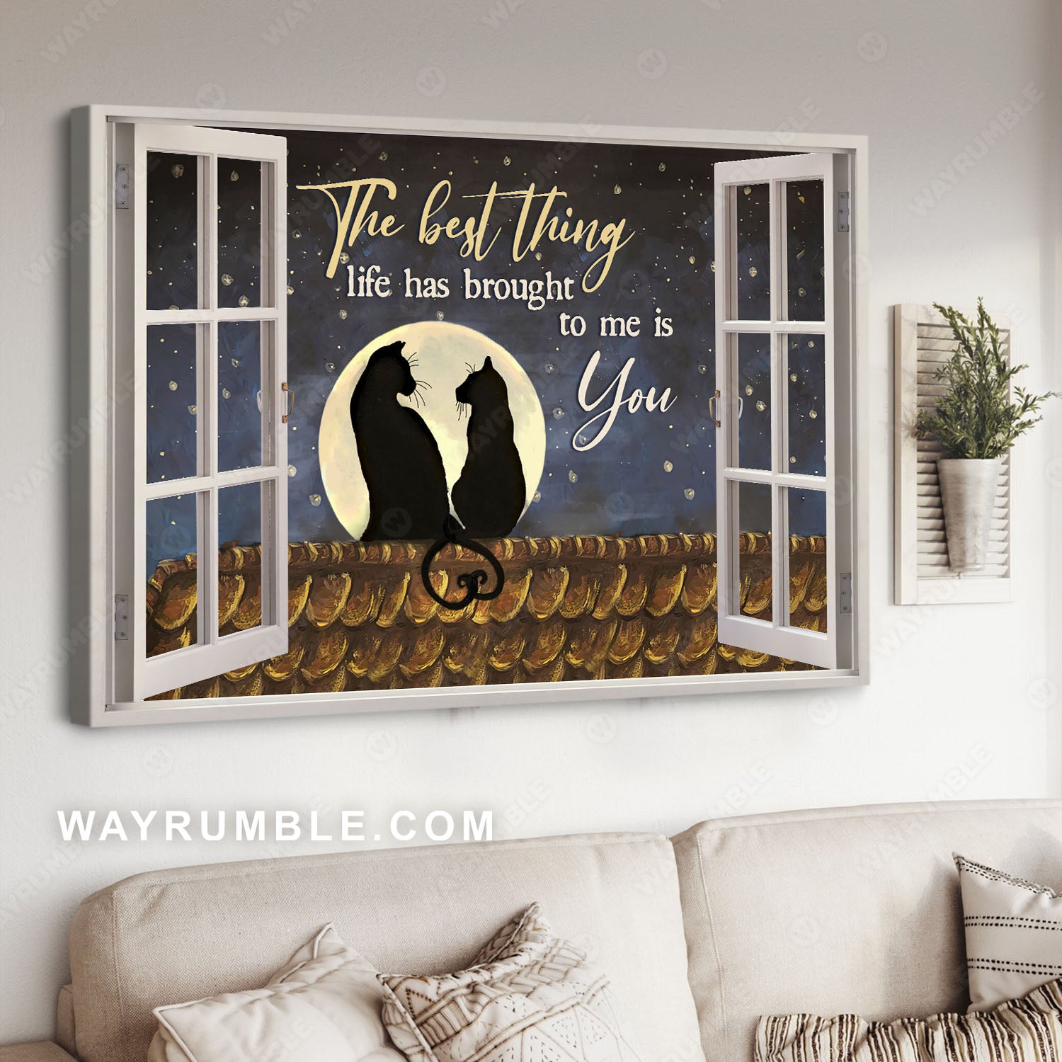 Full-moon drawing, Beautiful night, Cat, The best thing life has brought to me is you - Couple Landscape Canvas Prints, Wall Art